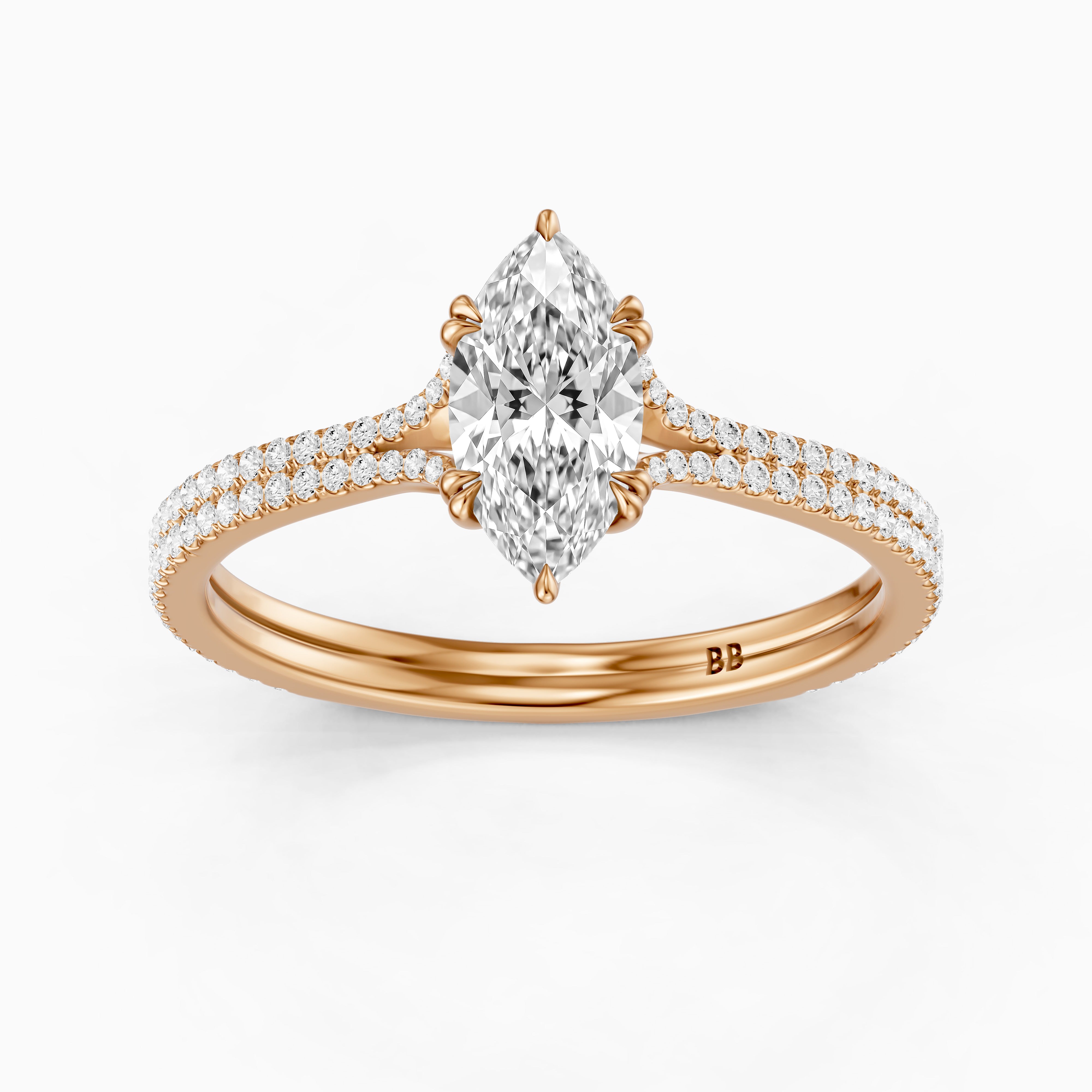 Evie Marquise Lab Grown Diamond Ring with Double Claw Prong and Pave Band