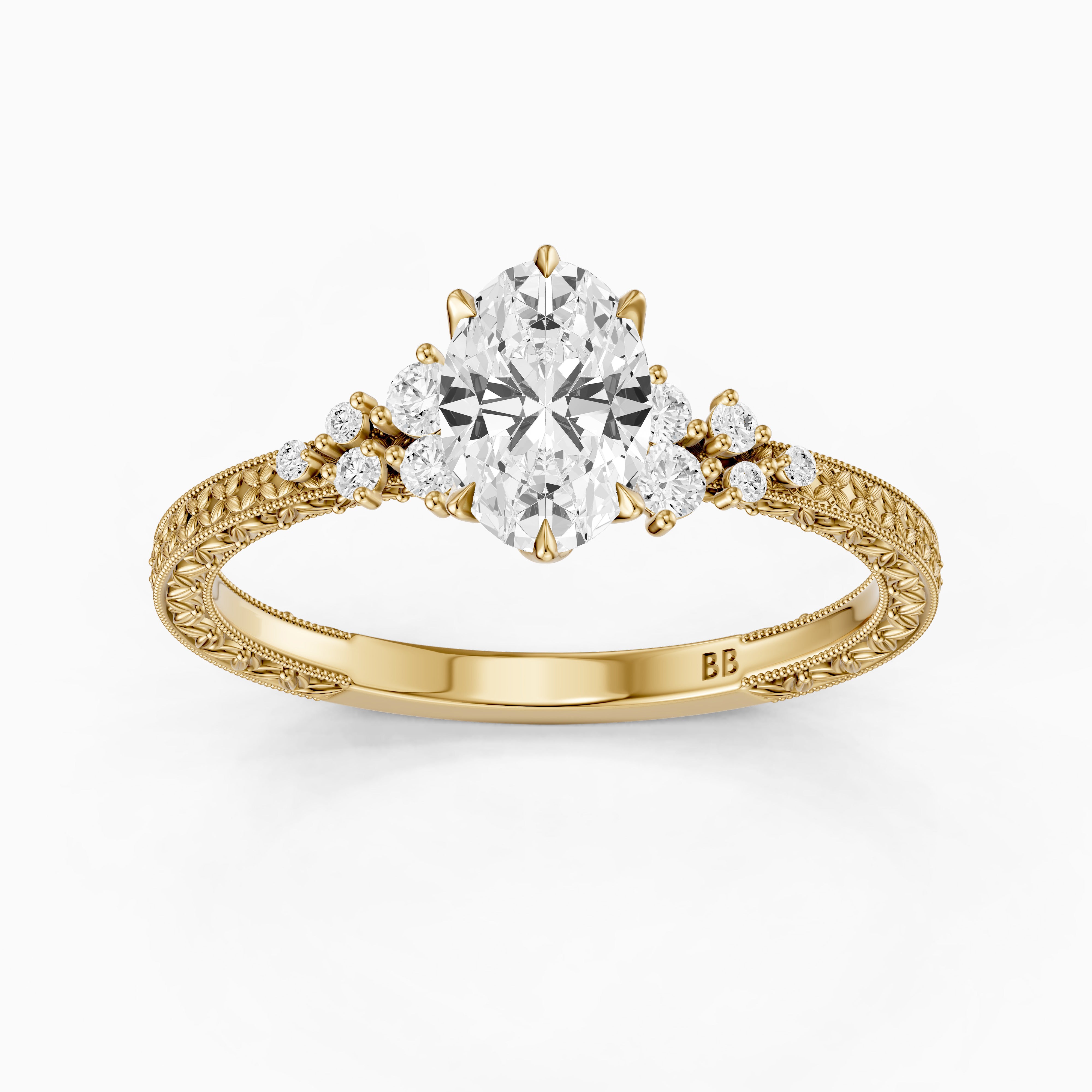 Marley Oval Moissanite Diamond Vintage Ring with Milgrain Band