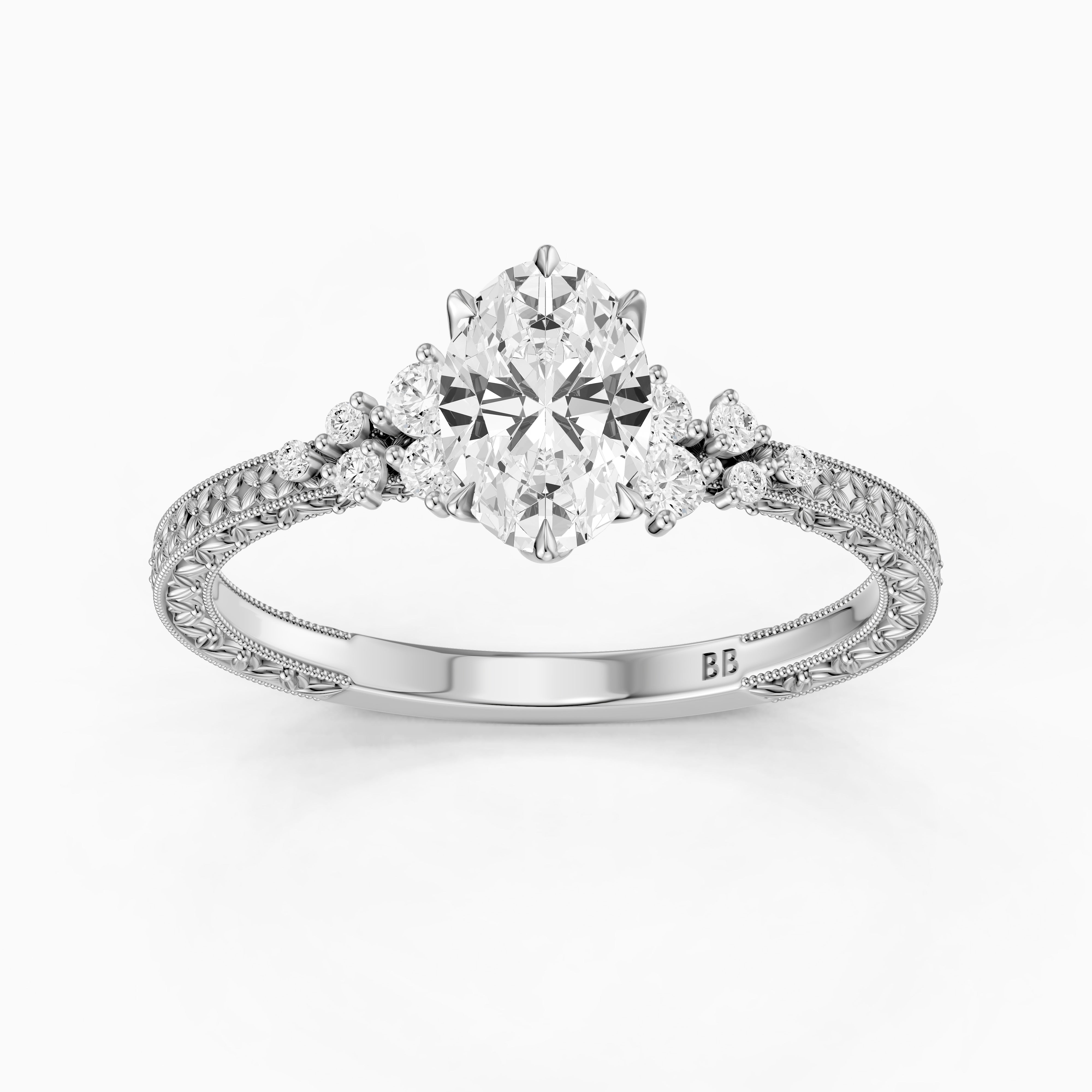 Marley Oval Moissanite Diamond Vintage Ring with Milgrain Band