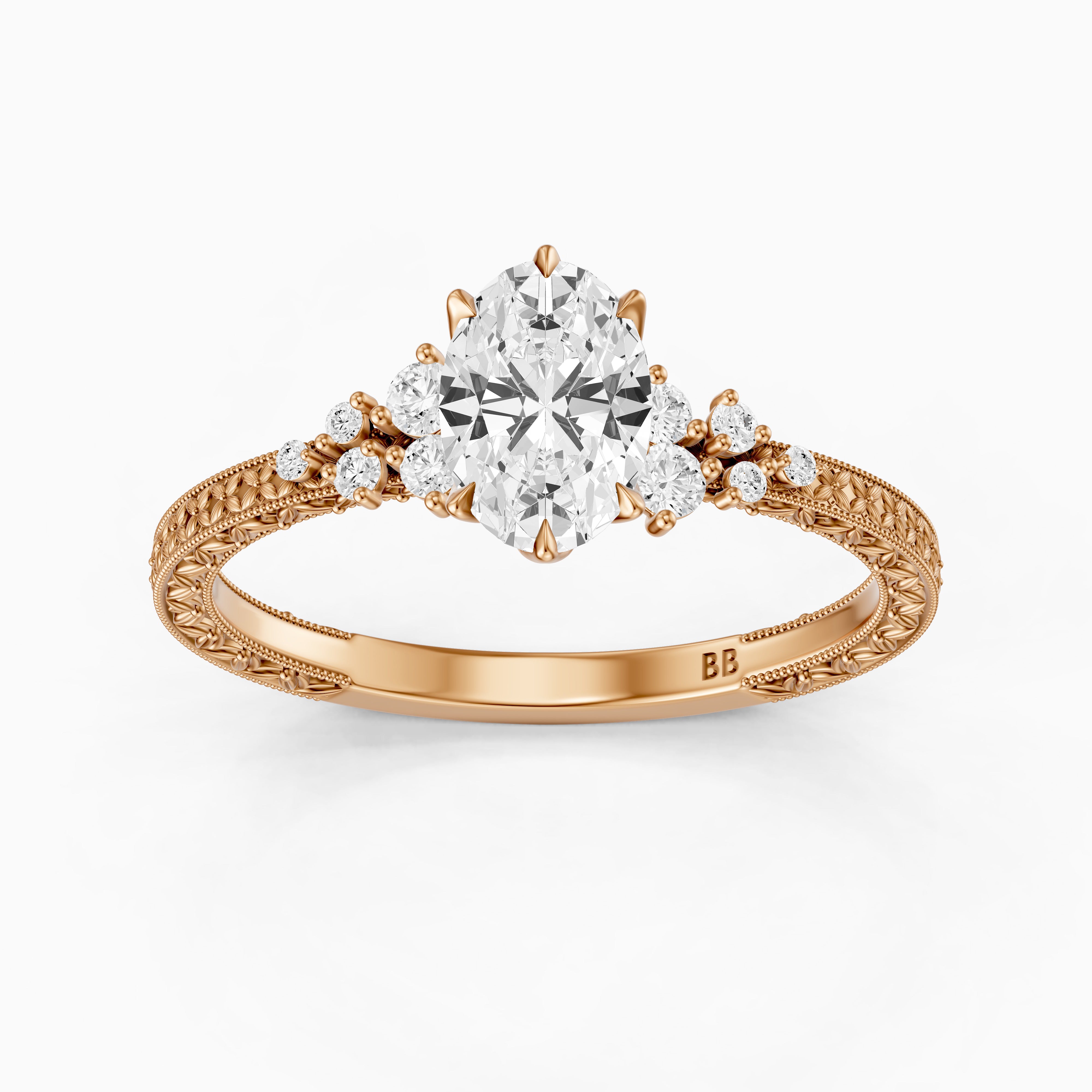 Marley Oval Moissanite Diamond Vintage Ring with Milgrain Band