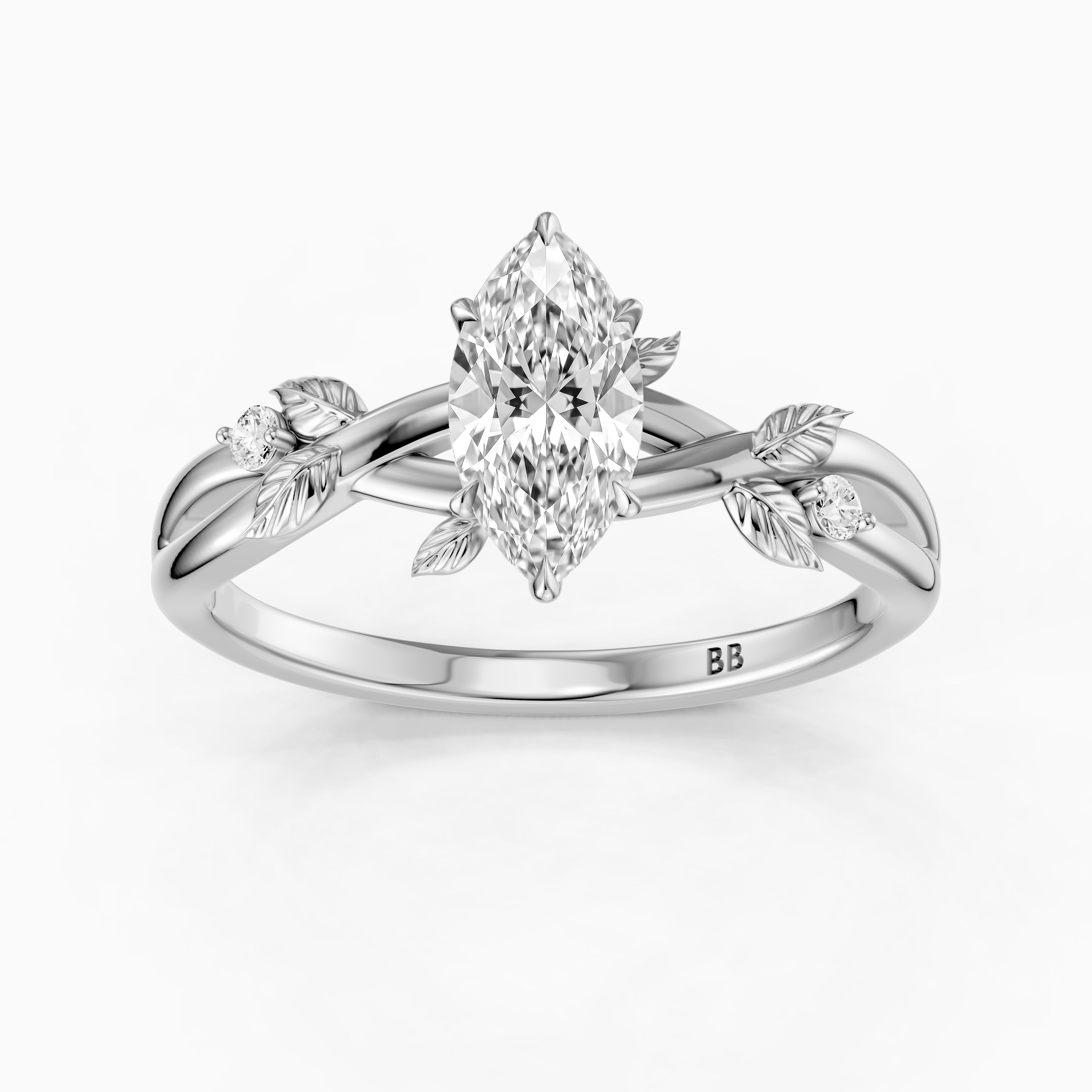 Luciana Marquise Moissanite Diamond Leaf Vine Ring with Side Stones