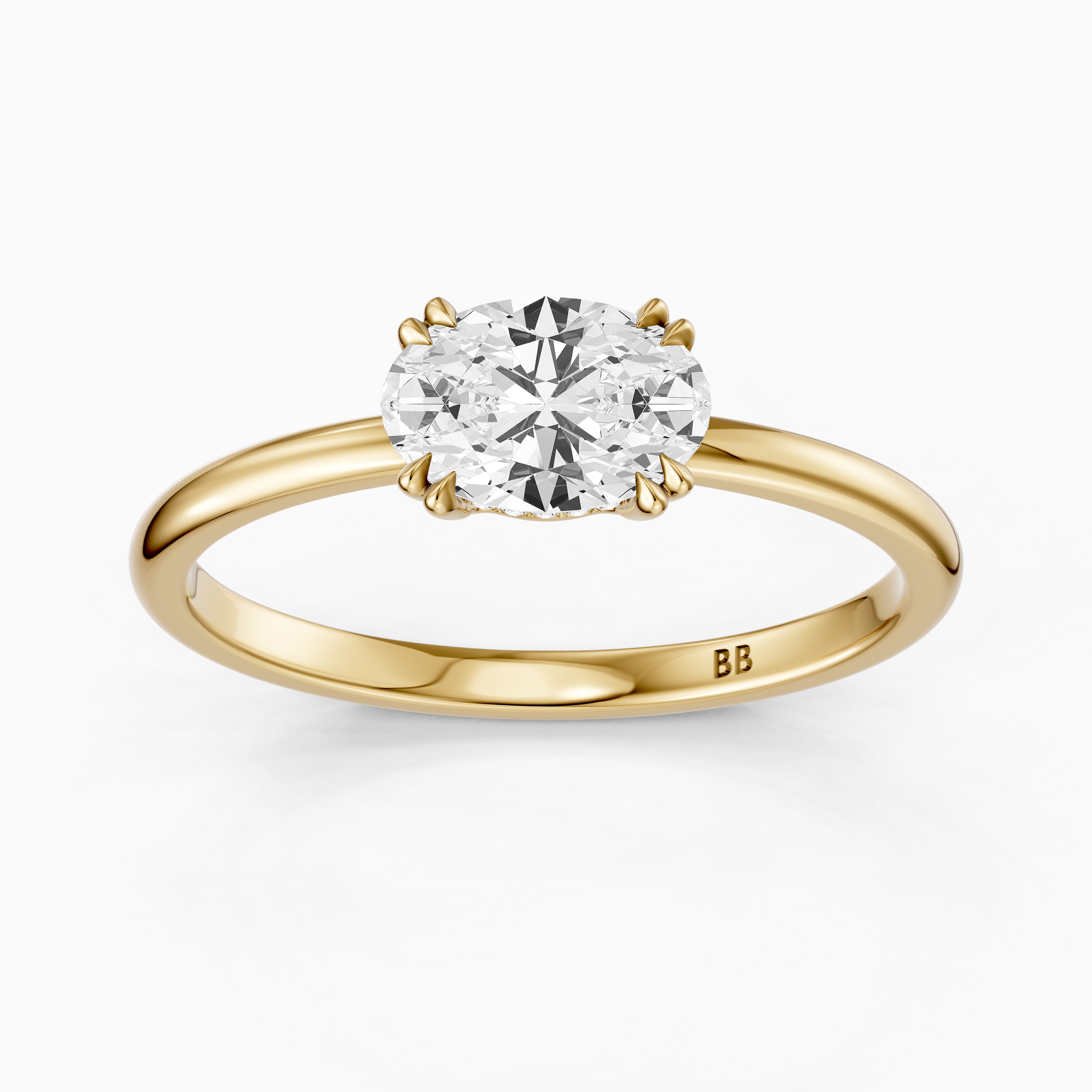 Ariel East West Oval Moissanite Diamond Ring with Hidden Halo and Double Claw Prong