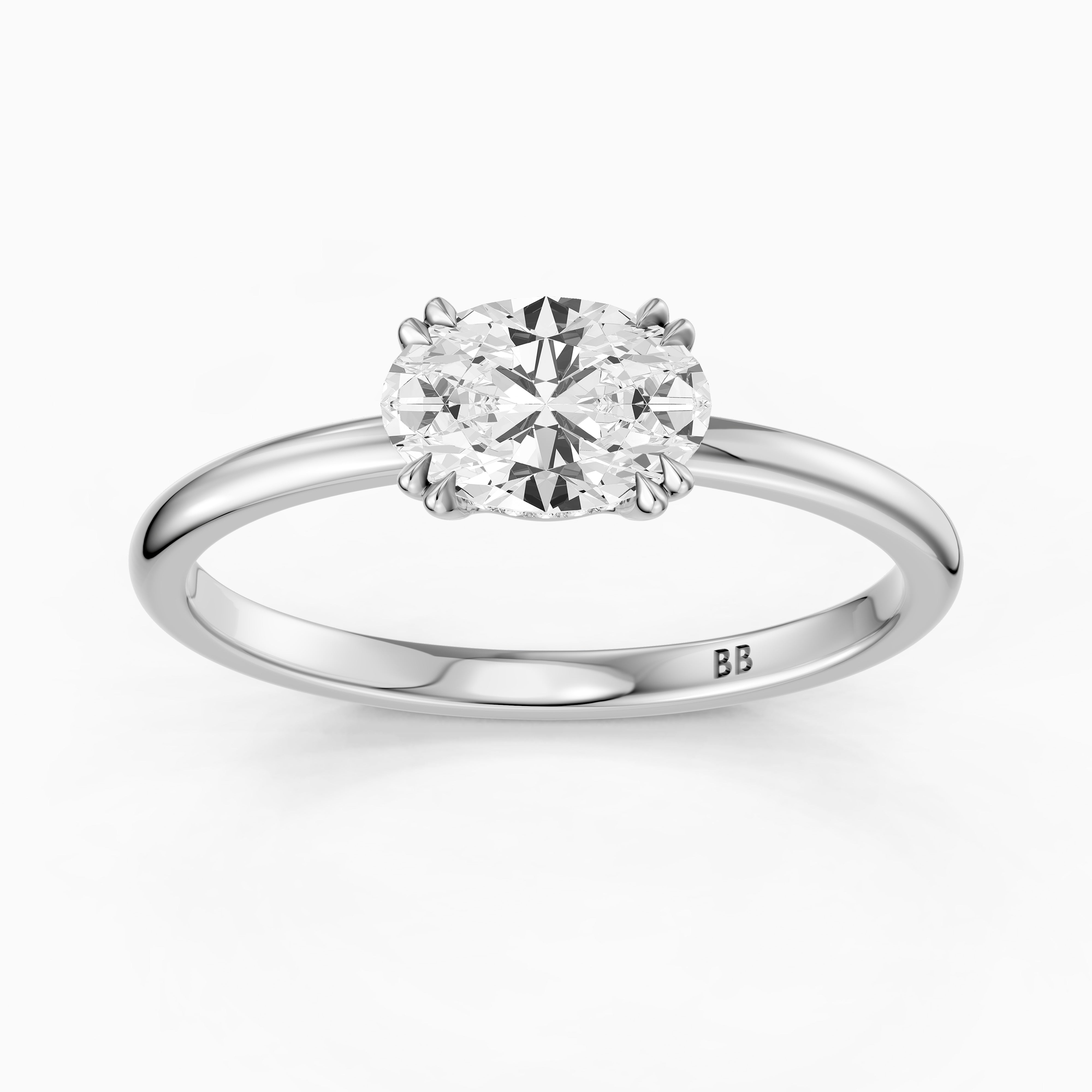 Ariel East West Oval Moissanite Diamond Ring with Hidden Halo and Double Claw Prong