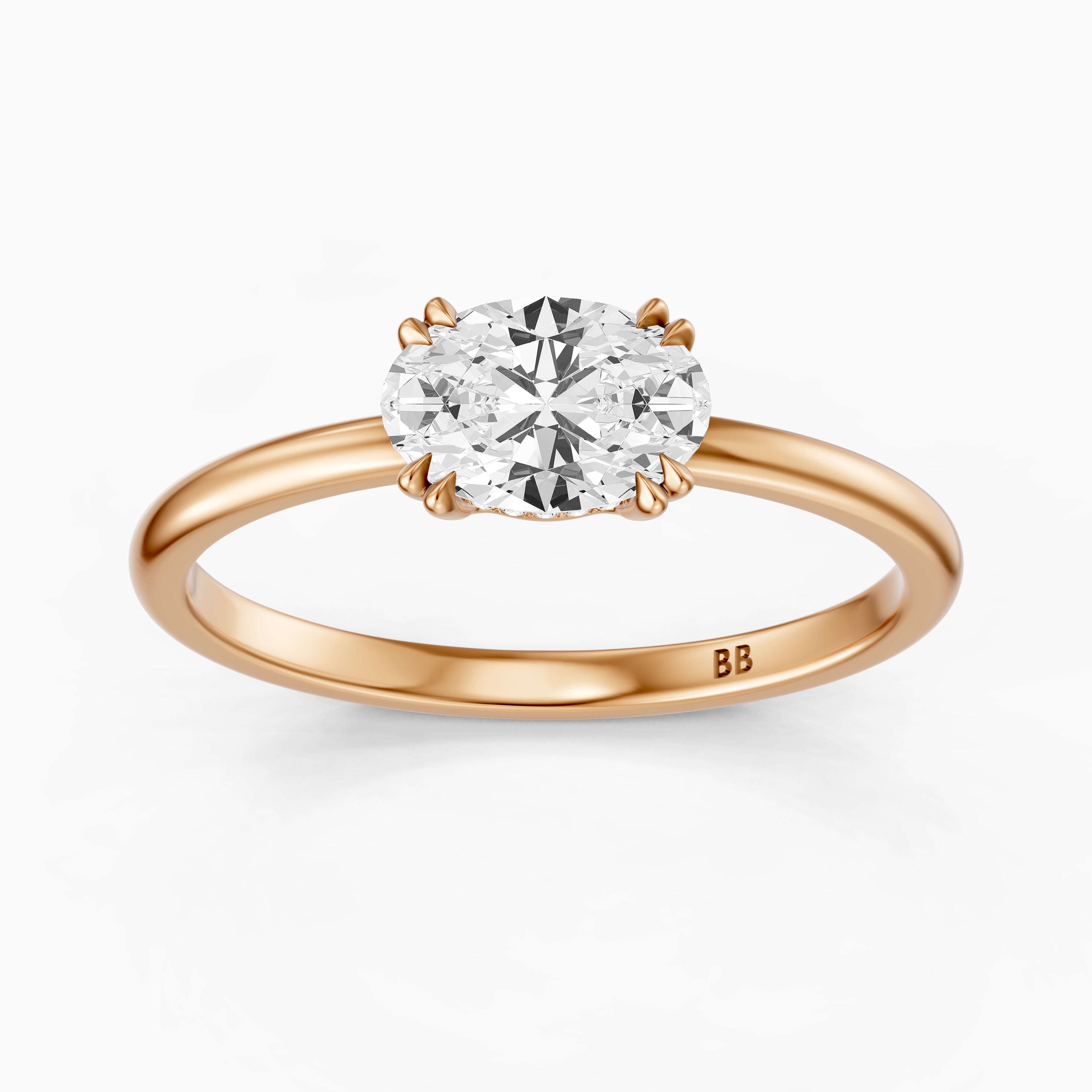 Ariel East West Oval Moissanite Diamond Ring with Hidden Halo and Double Claw Prong