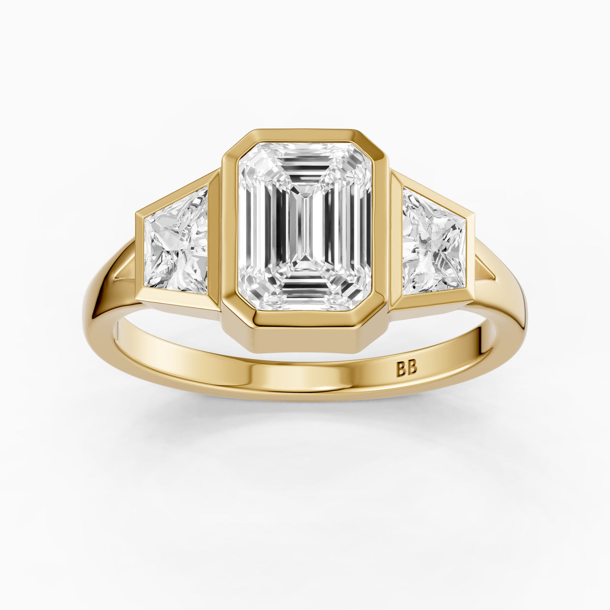 Stevie Emerald Cut Moissanite Diamond Bezel Ring with Trapezoid Side Stones