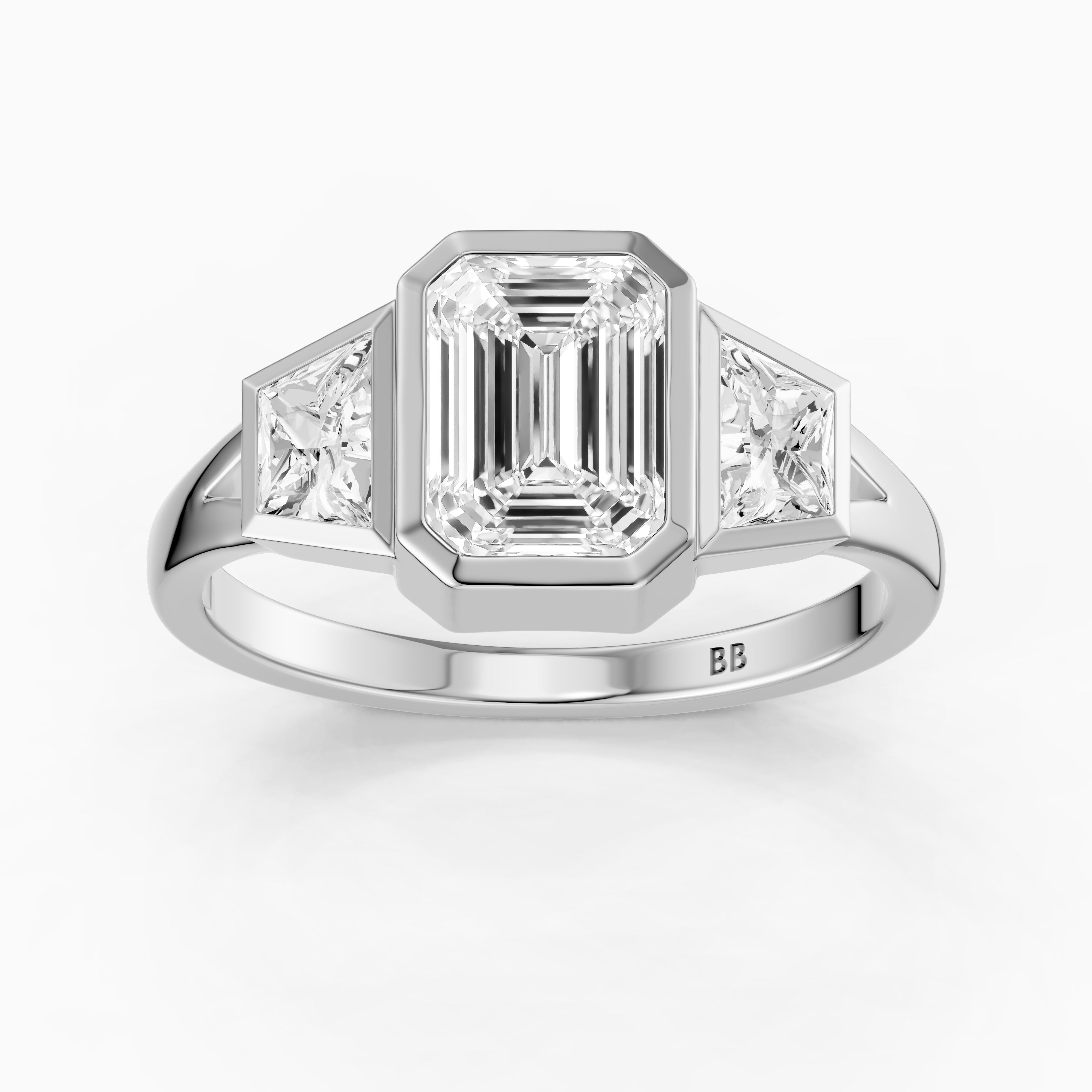 Stevie Emerald Cut Moissanite Diamond Bezel Ring with Trapezoid Side Stones