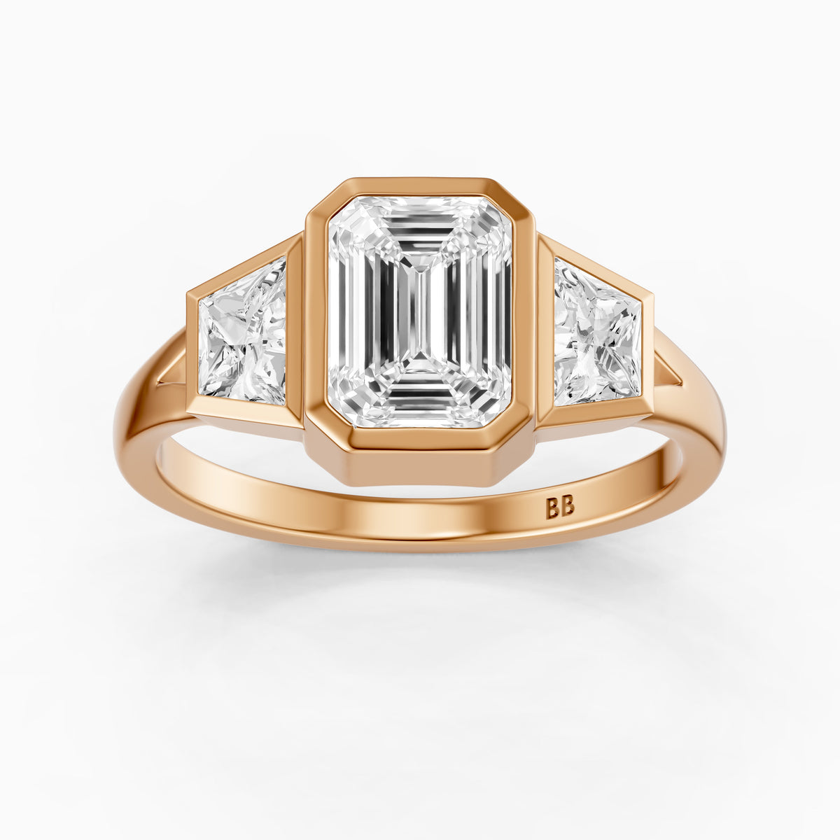 Stevie Emerald Cut Moissanite Diamond Bezel Ring with Trapezoid Side Stones