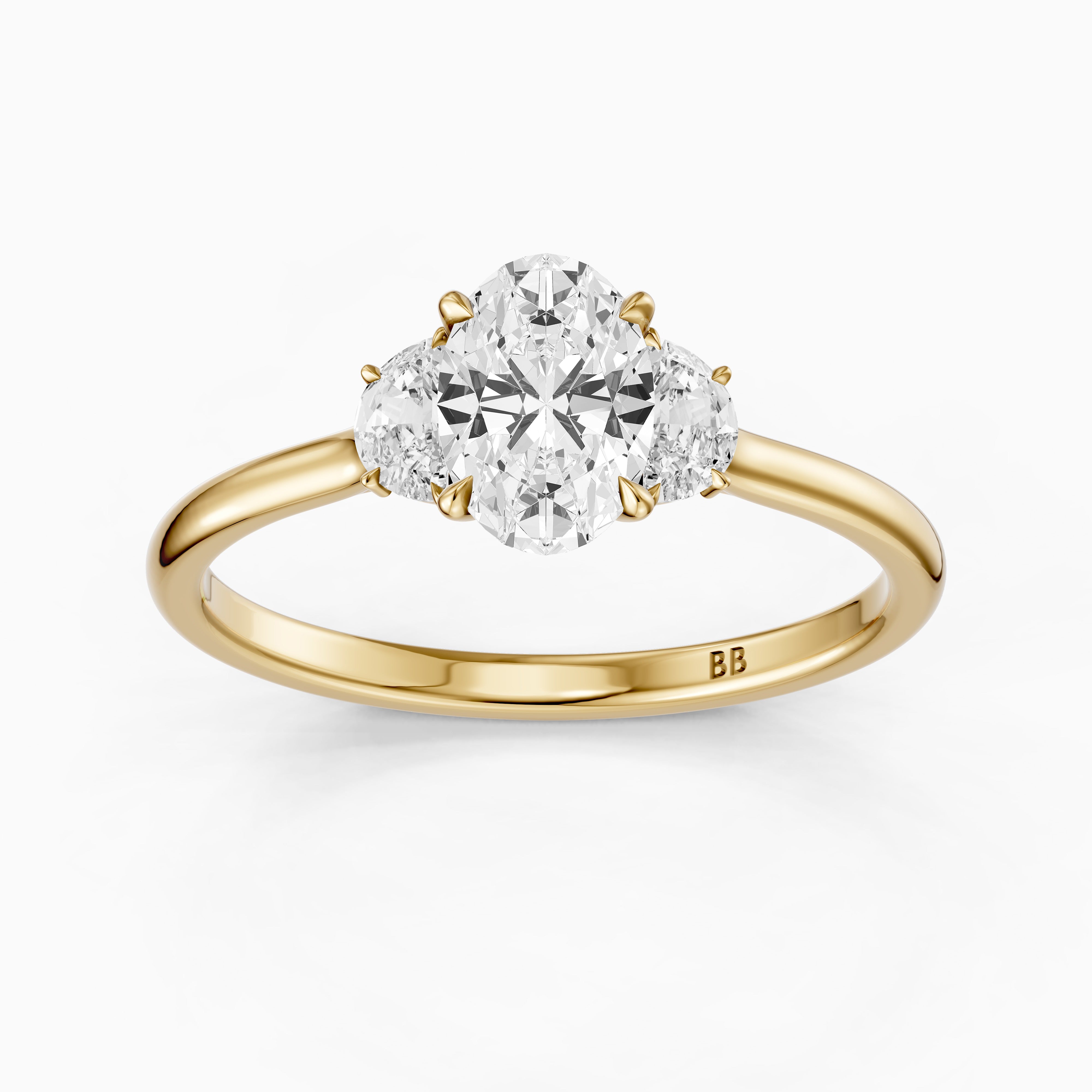 Aitana Oval Moissanite Ring with Half Moon Side Stones and Hidden Halo