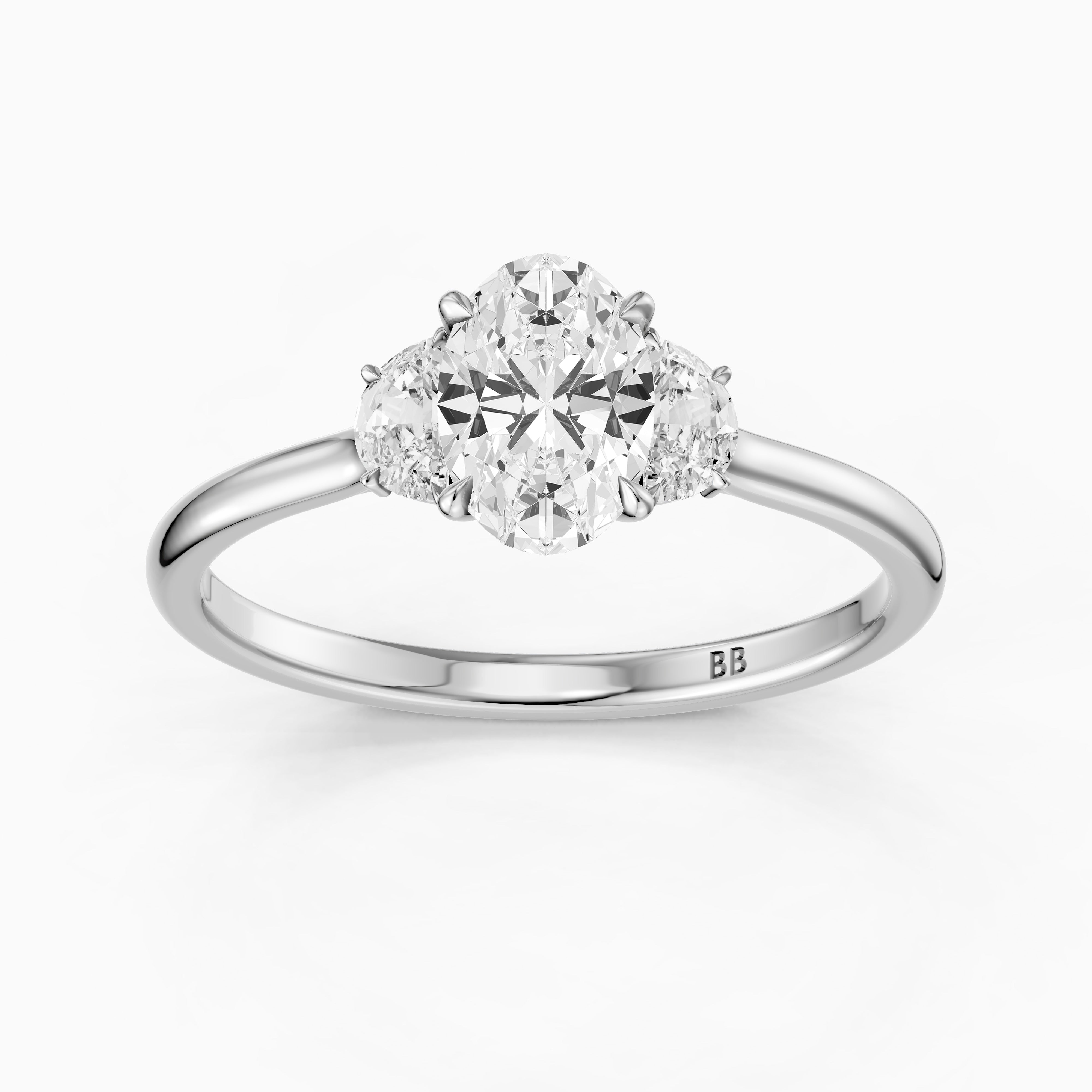 Aitana Oval Moissanite Ring with Half Moon Side Stones and Hidden Halo