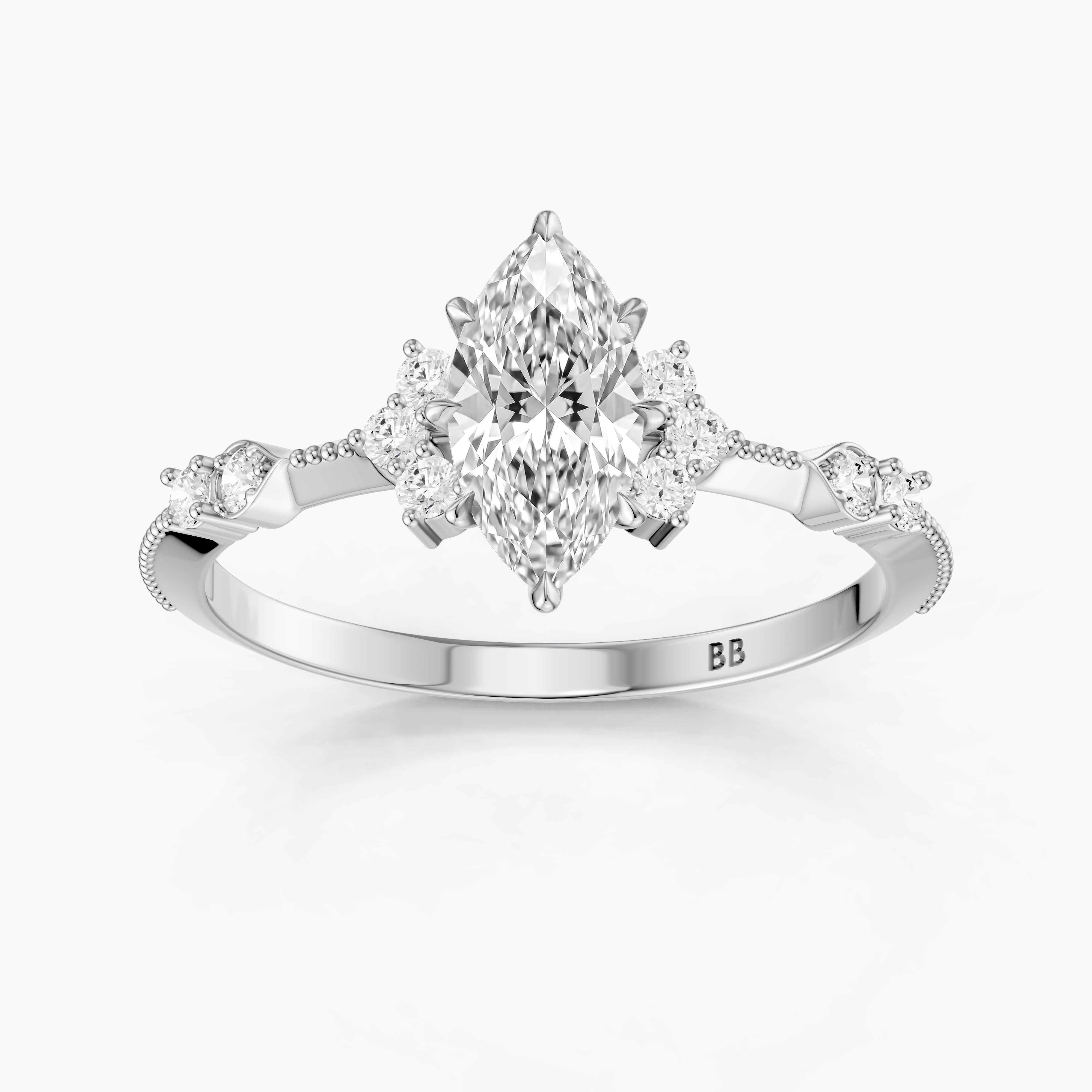 Wren Marquise Lab Grown Diamond Ring with Cluster Side Stones and Vintage Band