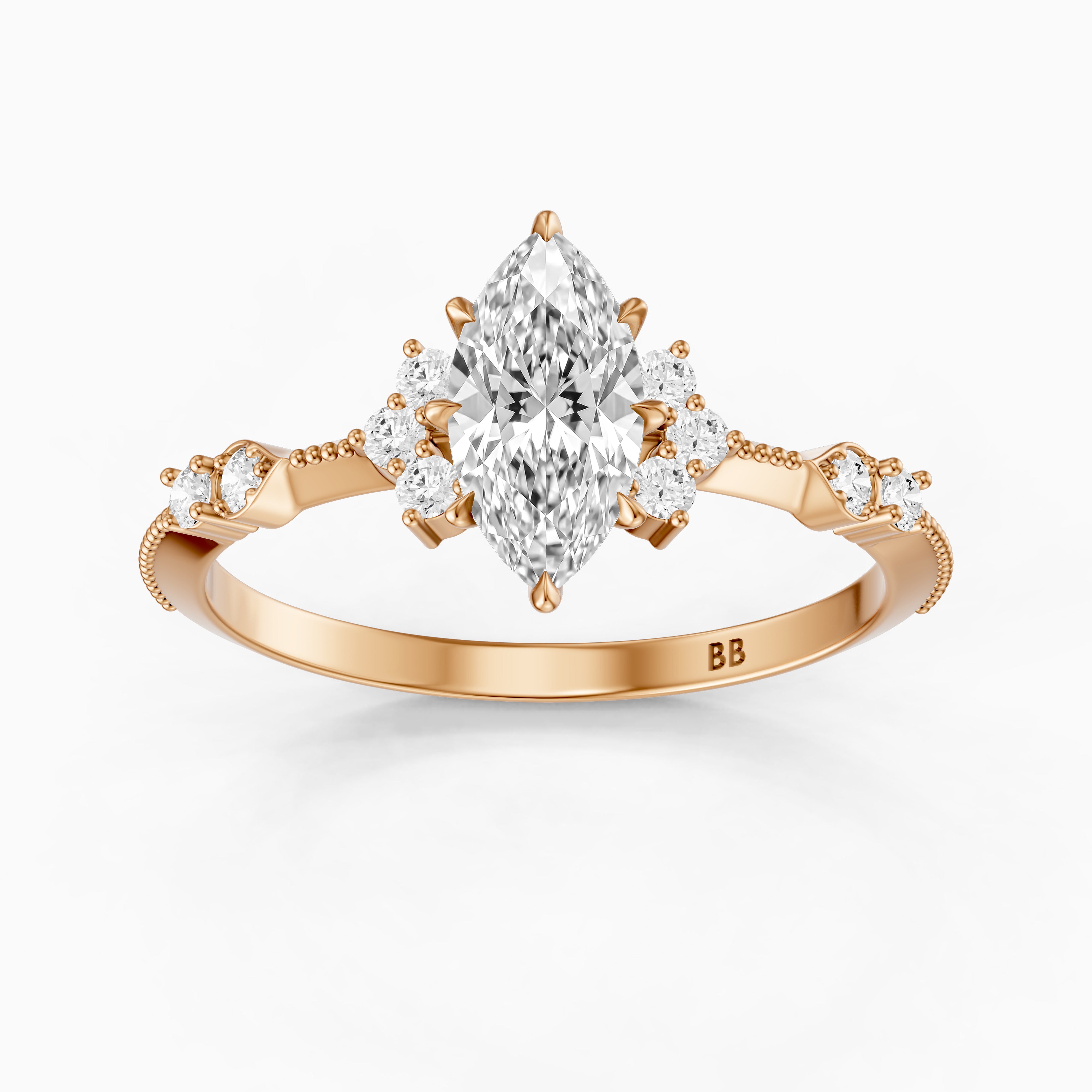 Wren Marquise Lab Grown Diamond Ring with Cluster Side Stones and Vintage Band