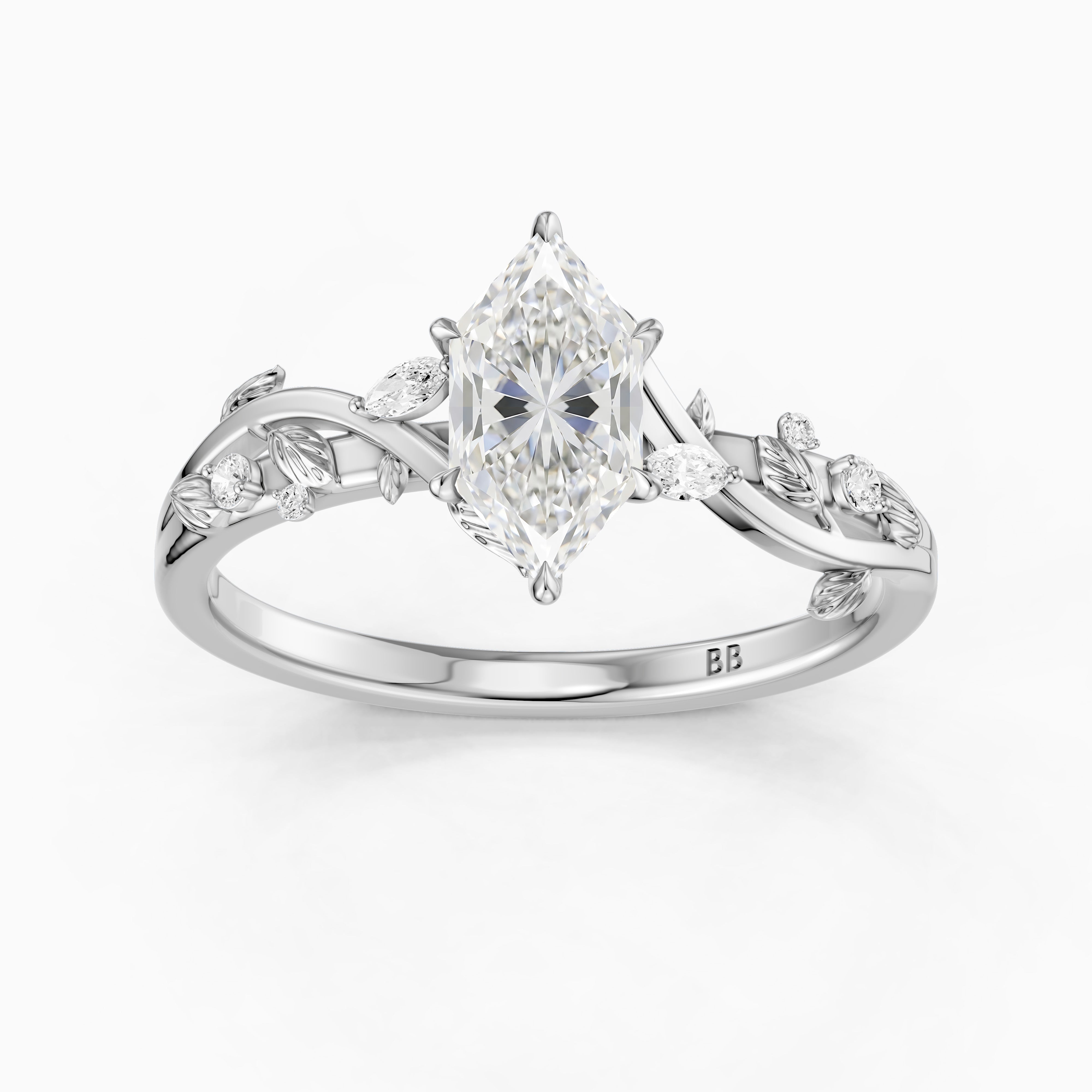 Eva Dutch Marquise Moissanite Diamond Ring with Leaf Vine Band
