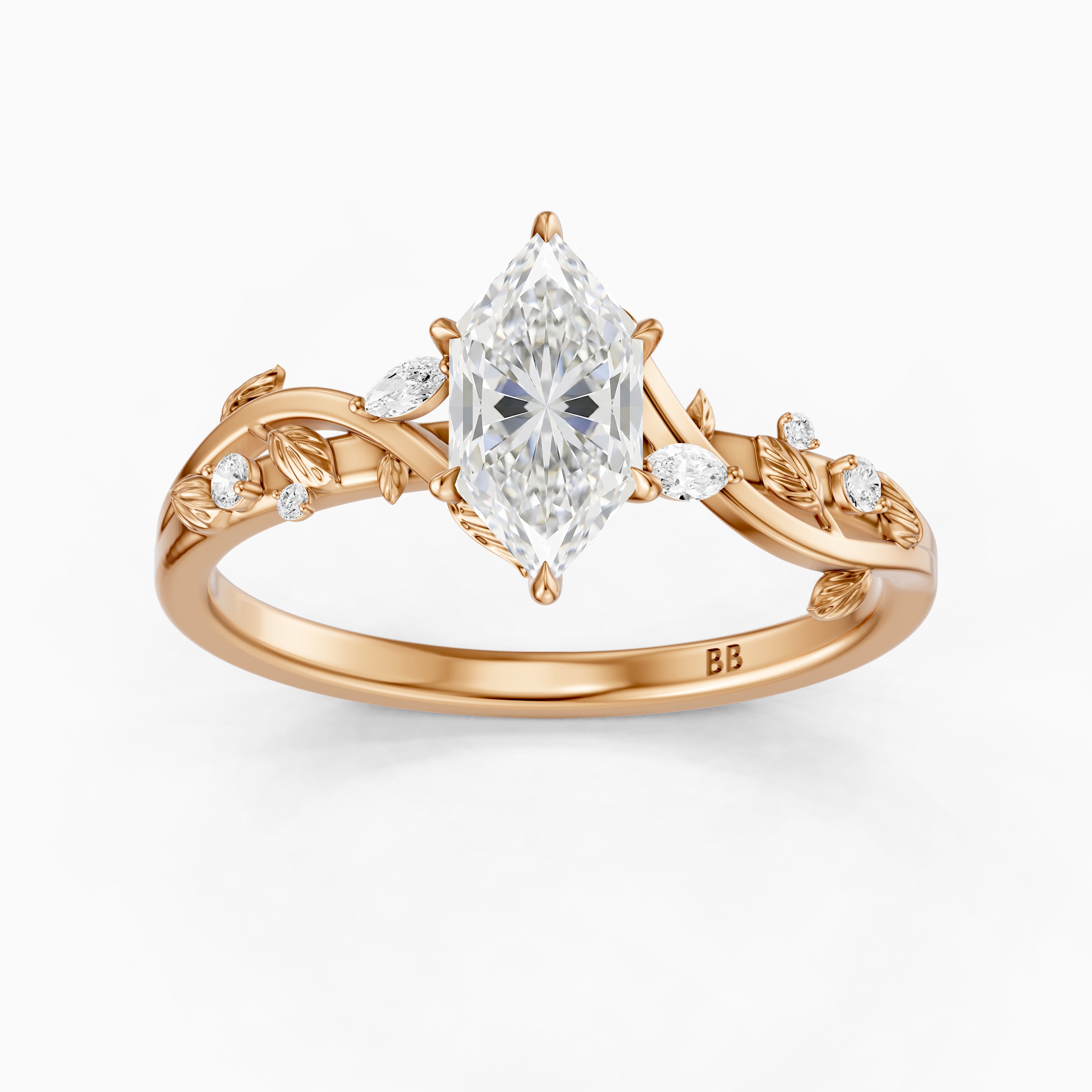 Eva Dutch Marquise Moissanite Diamond Ring with Leaf Vine Band