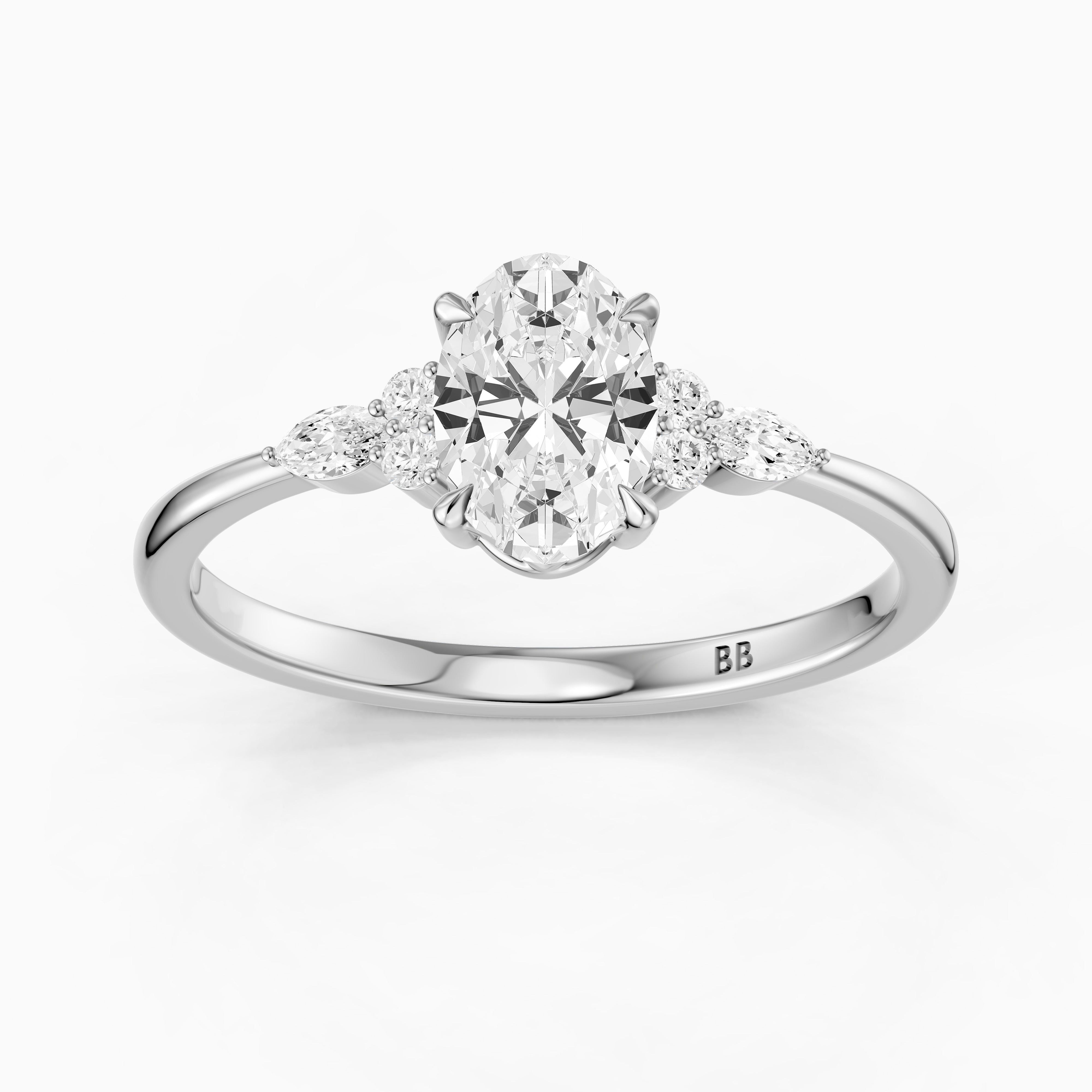 Melanie Oval Cut Moissanite Diamond Ring with Marquise and Round Side Stones