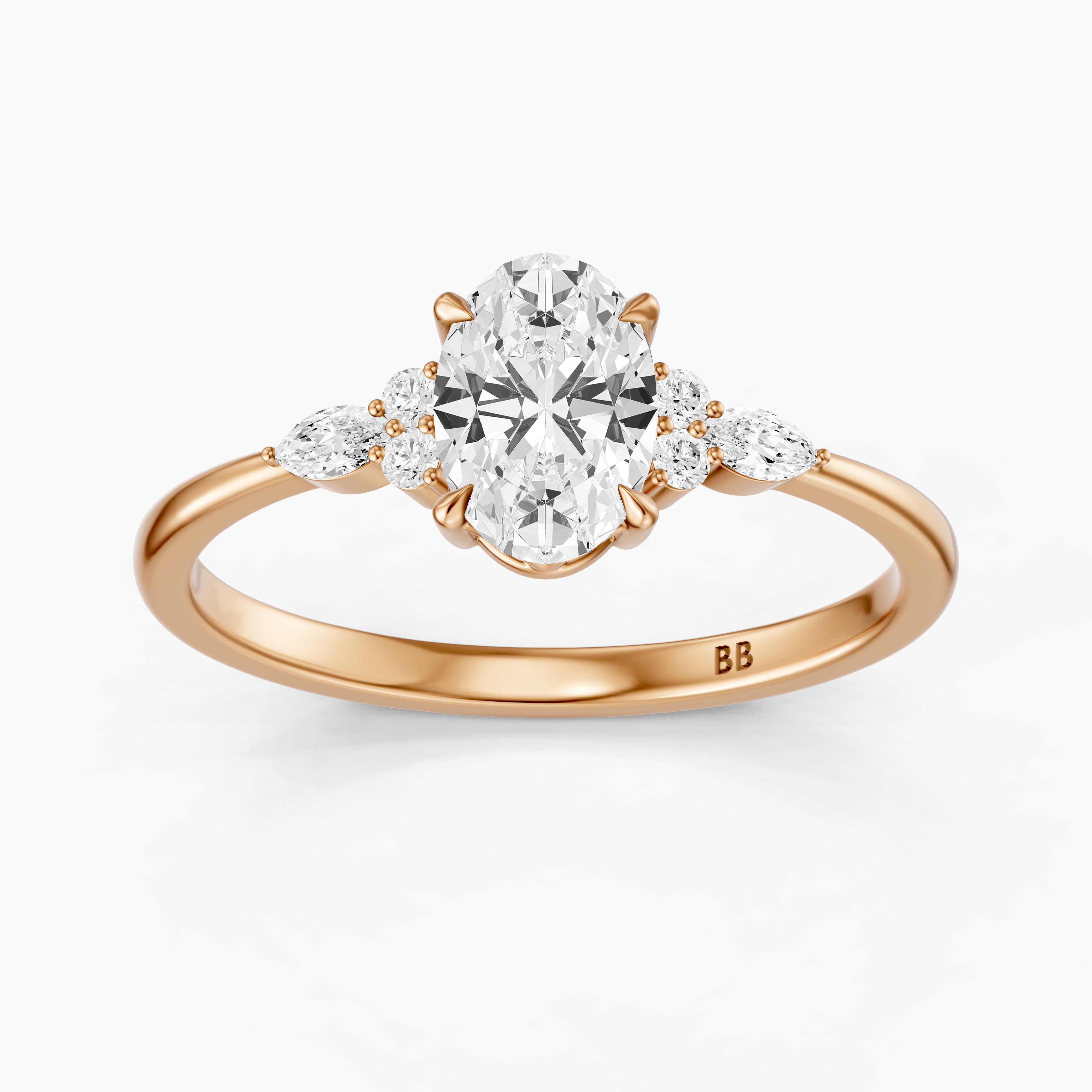 Melanie Oval Cut Moissanite Diamond Ring with Marquise and Round Side Stones