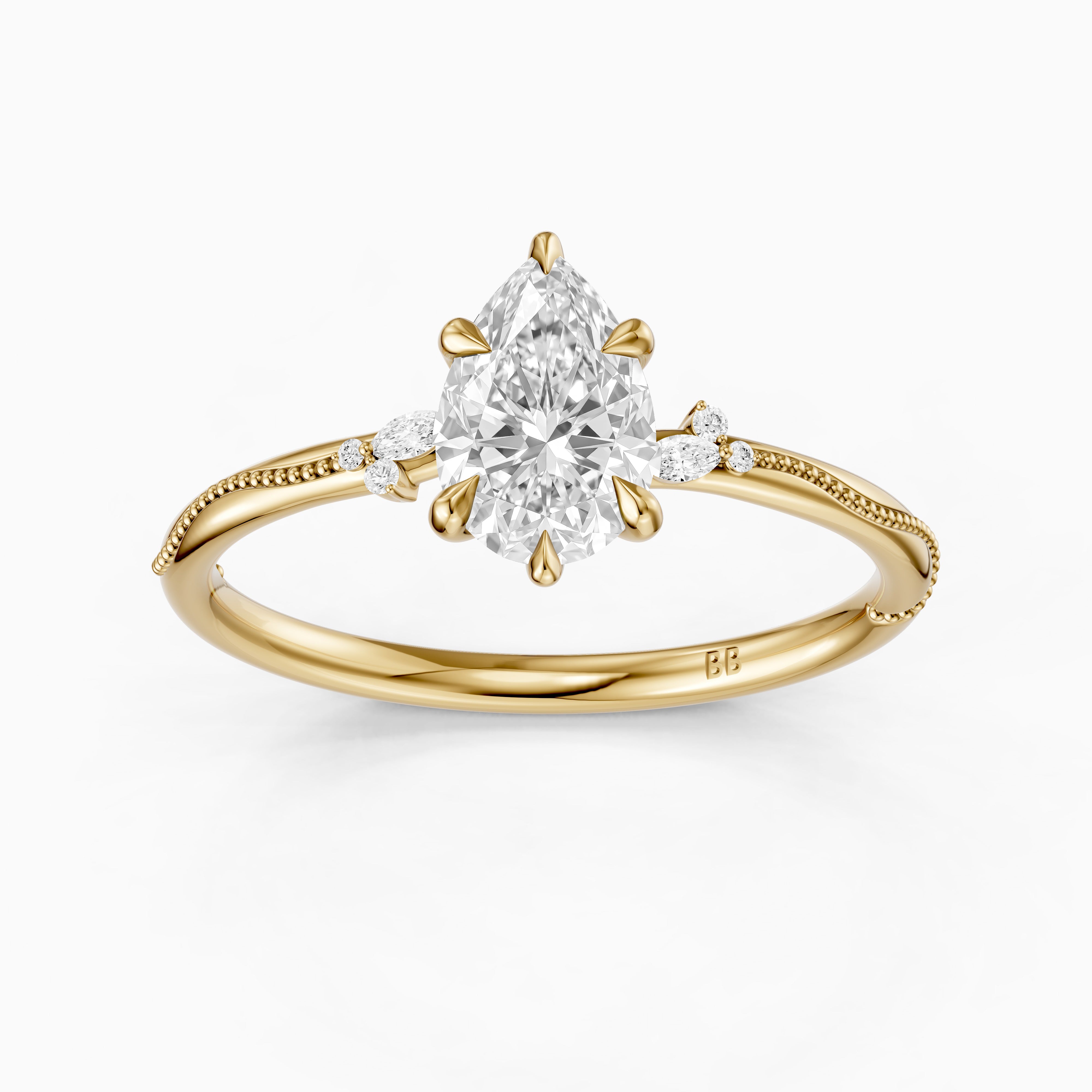Cecilia Pear Cut Side Stone Moissanite Diamond Ring with Milgrain Band