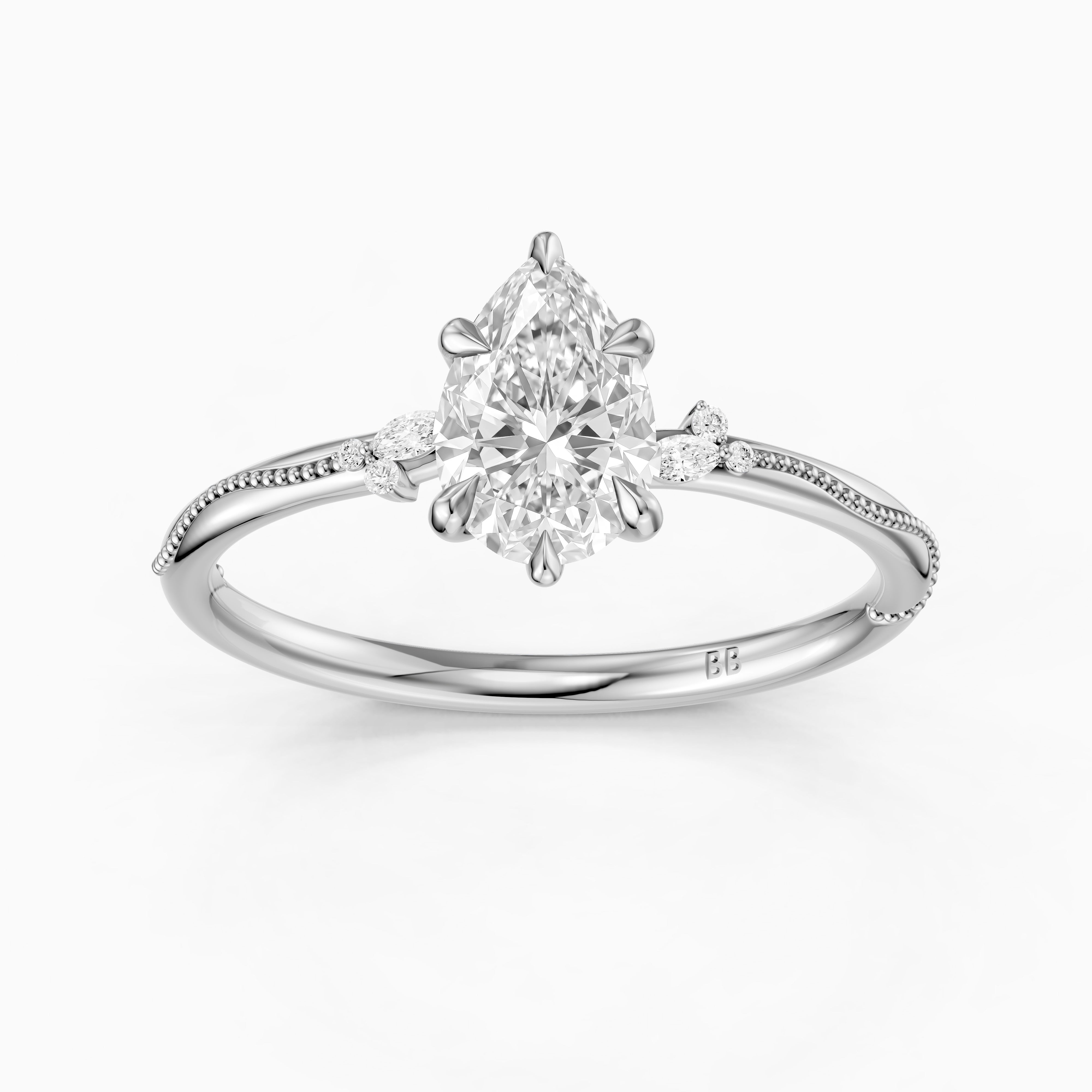 Cecilia Pear Cut Side Stone Moissanite Diamond Ring with Milgrain Band
