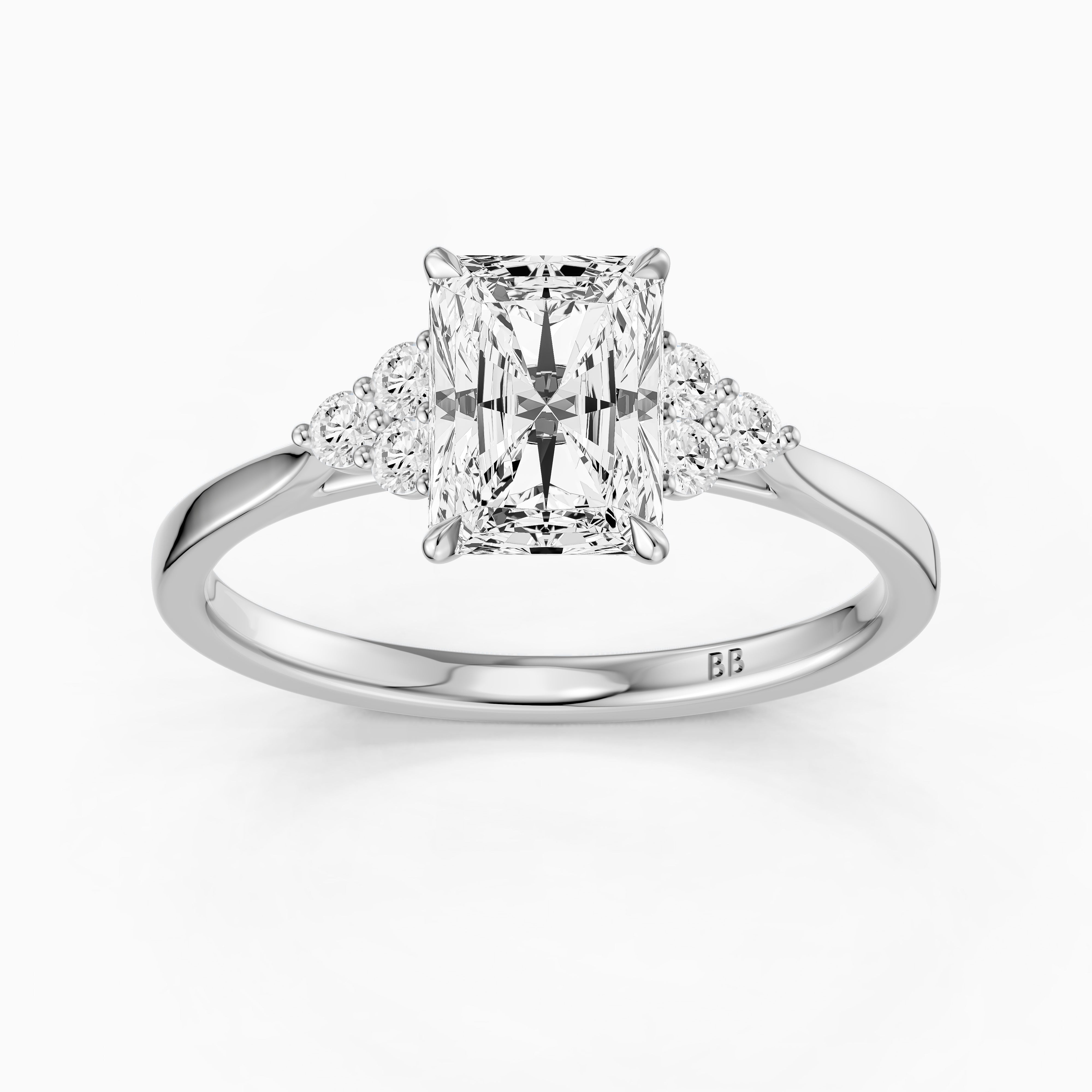 Myla Radiant Cut Side Stone Cluster Moissanite Diamond Ring