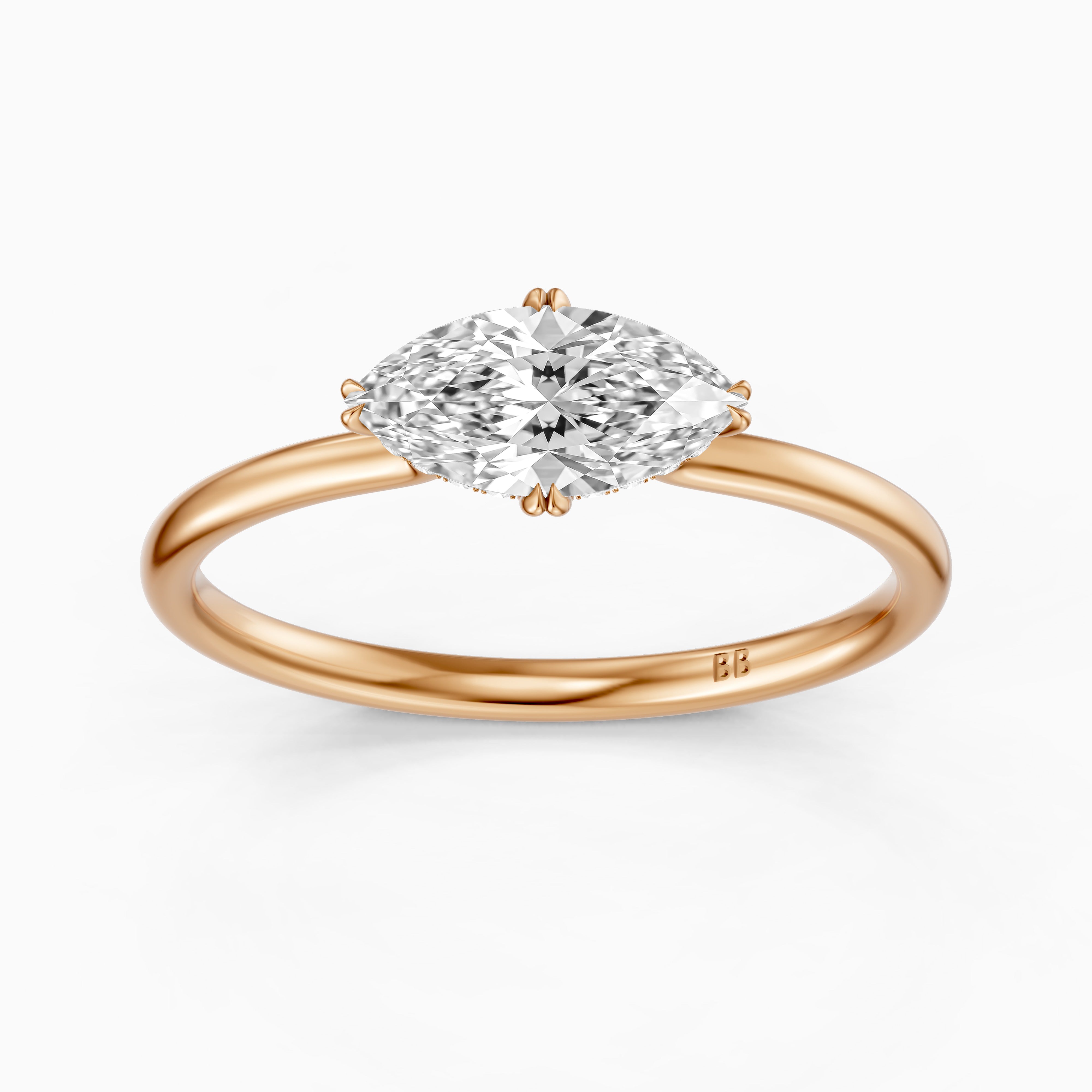 Vera East West Marquise Hidden Halo Lab Grown Diamond Ring with Double Claw Prong