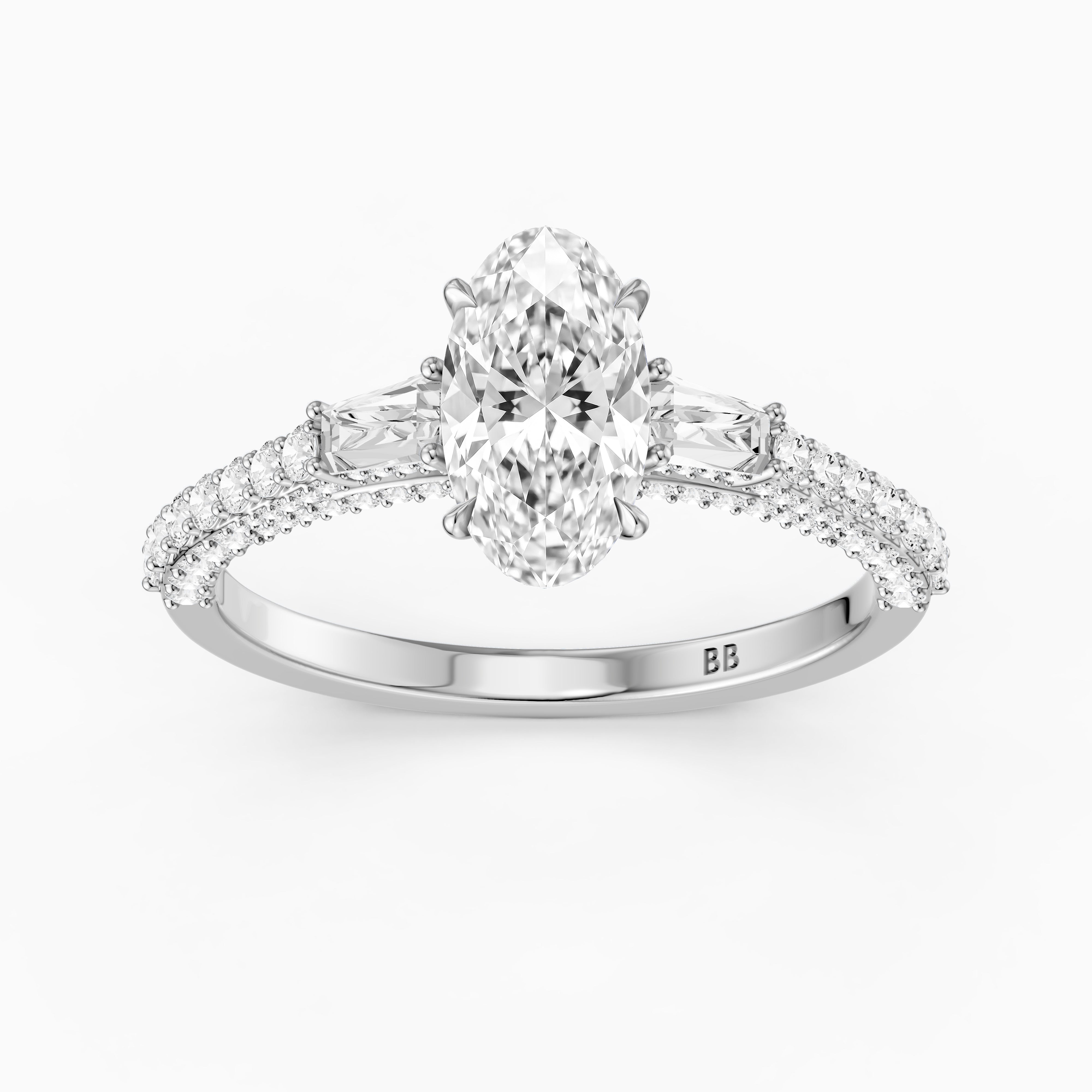 Elliana Moval Cut Lab Diamond Ring with Tapered Baguette Side Stones
