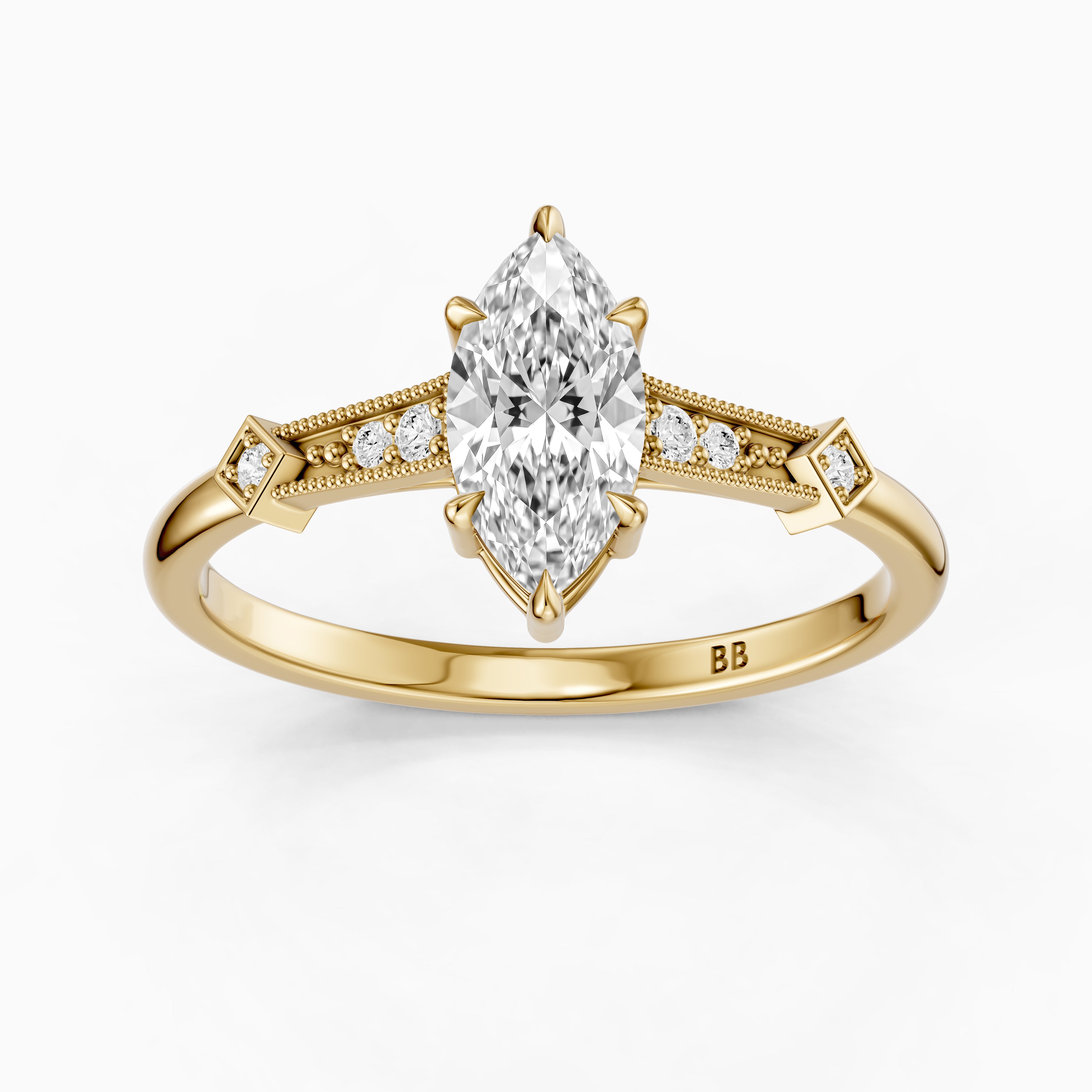 Ada Marquise Cut Side Stone Lab Grown Diamond Ring with Vintage Milgrain