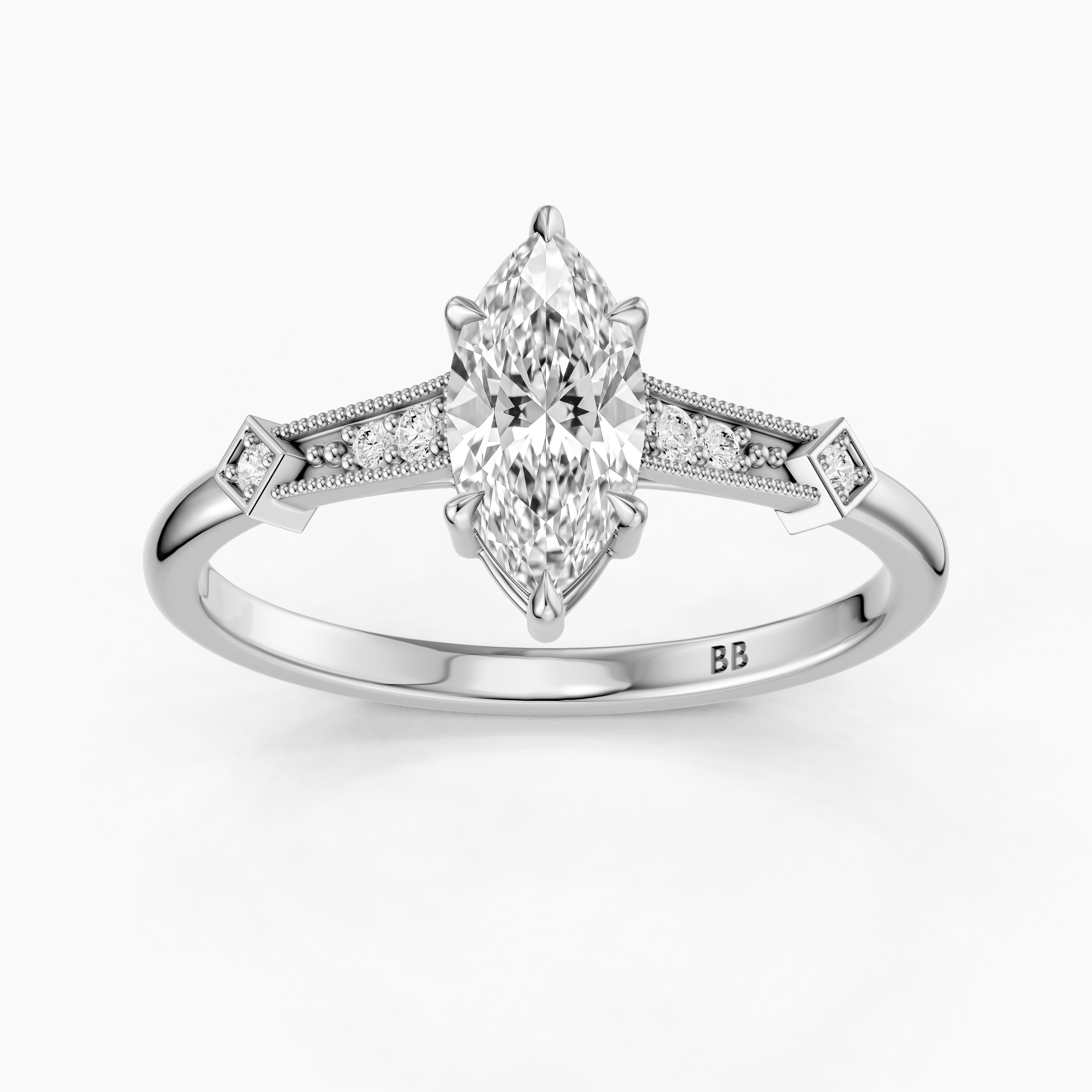 Ada Marquise Cut Side Stone Lab Grown Diamond Ring with Vintage Milgrain