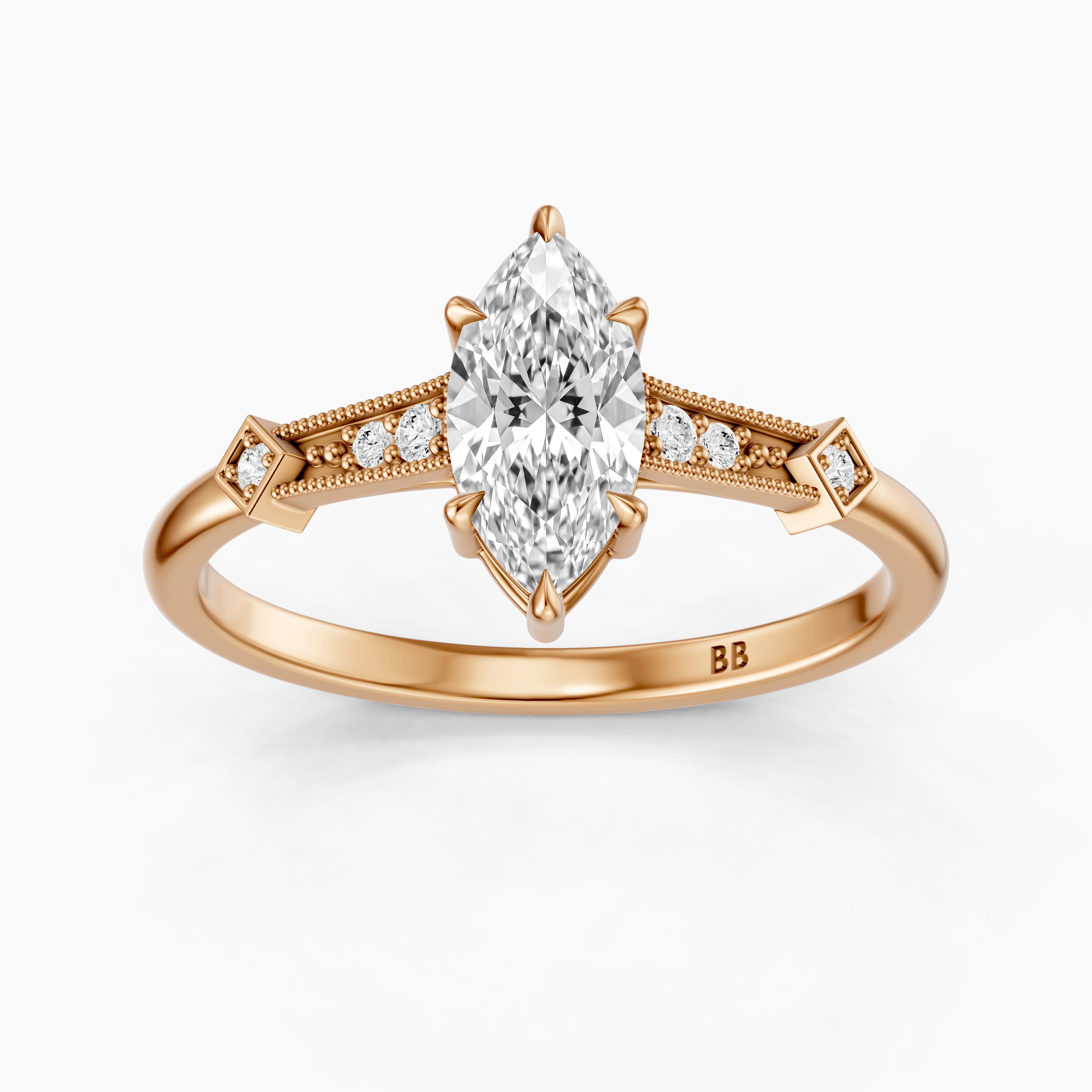 Ada Marquise Cut Side Stone Lab Grown Diamond Ring with Vintage Milgrain