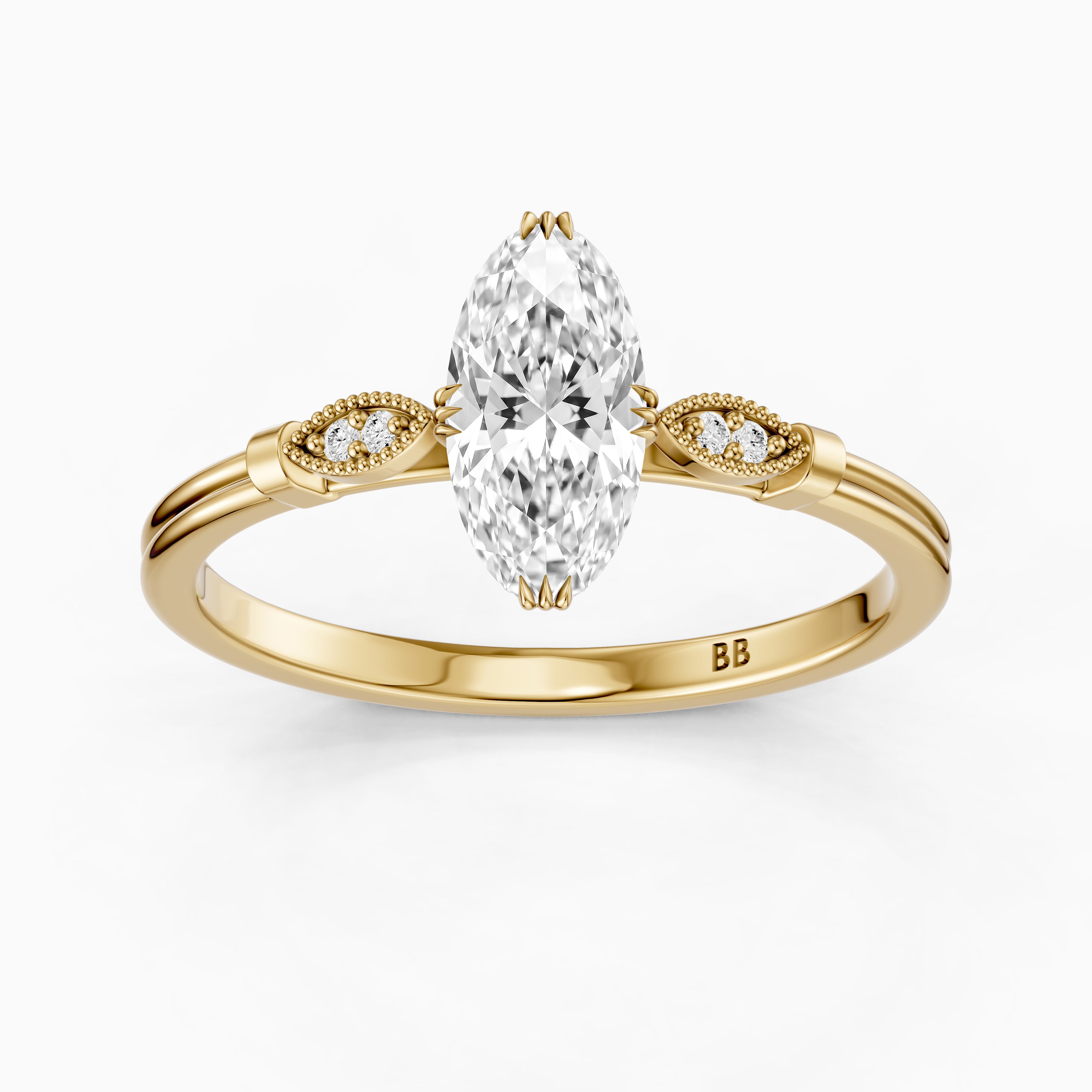 Serena Moval Cut Side Stone Moissanite Diamond Ring with Triple Claw Prongs