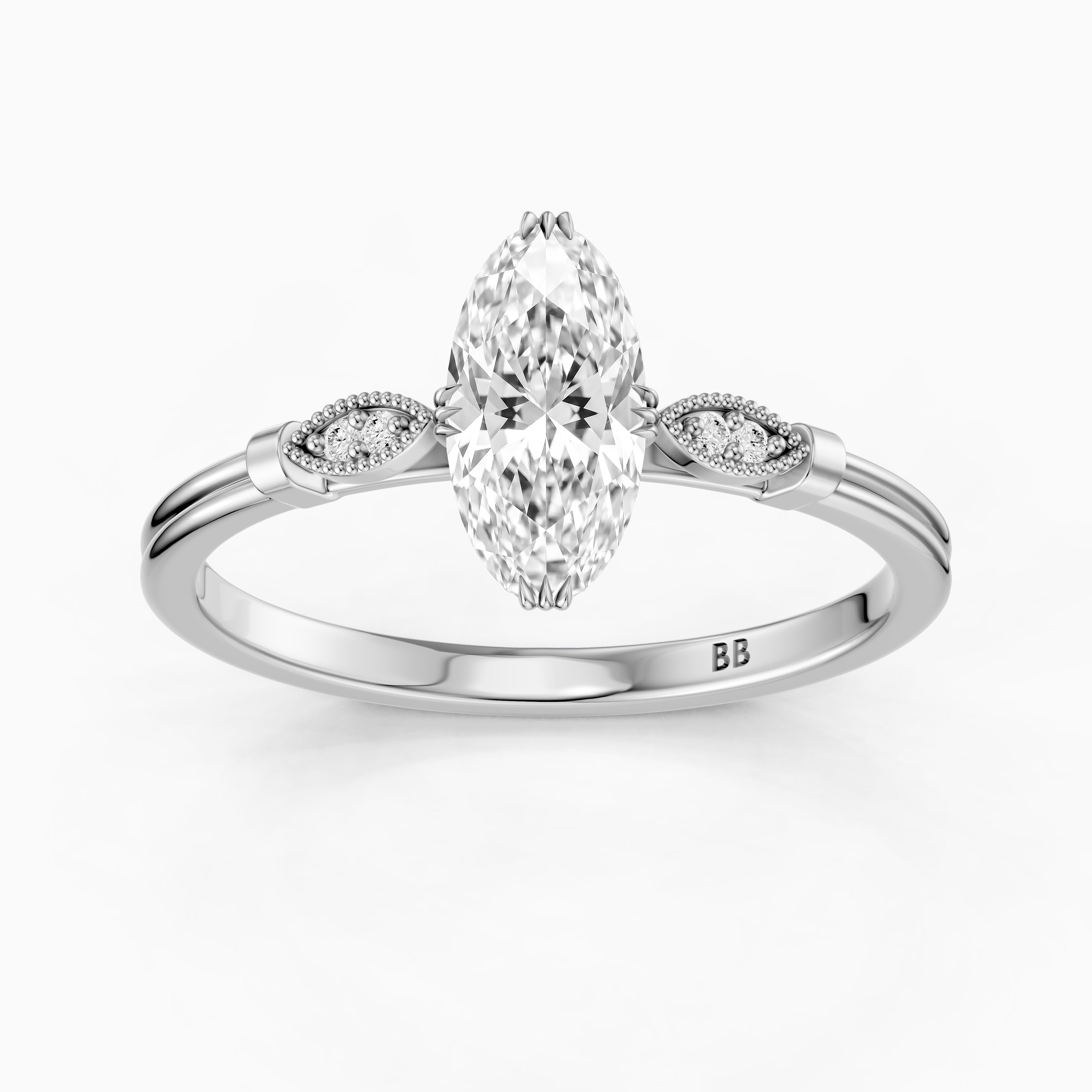 Serena Moval Cut Side Stone Moissanite Diamond Ring with Triple Claw Prongs