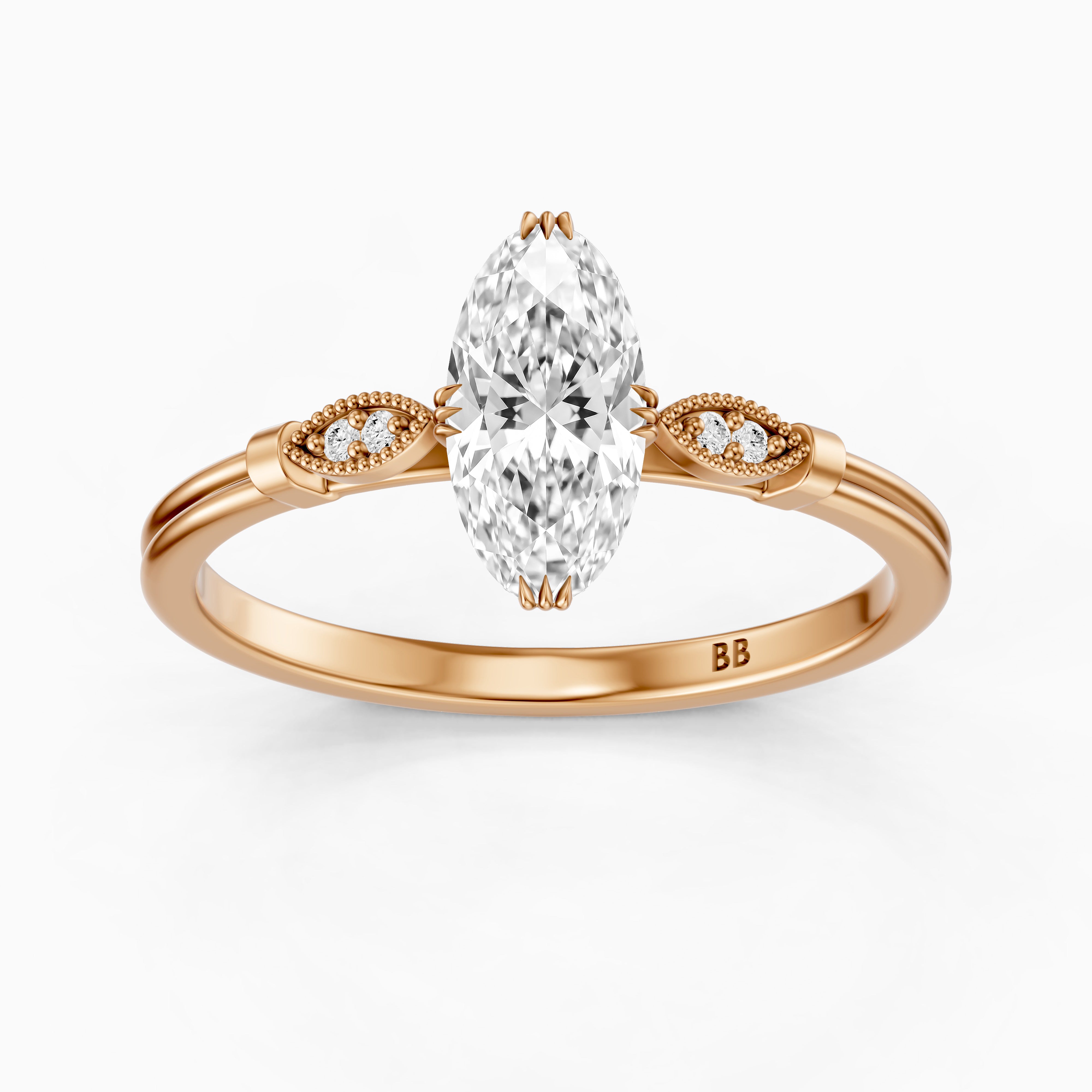 Serena Moval Cut Side Stone Moissanite Diamond Ring with Triple Claw Prongs