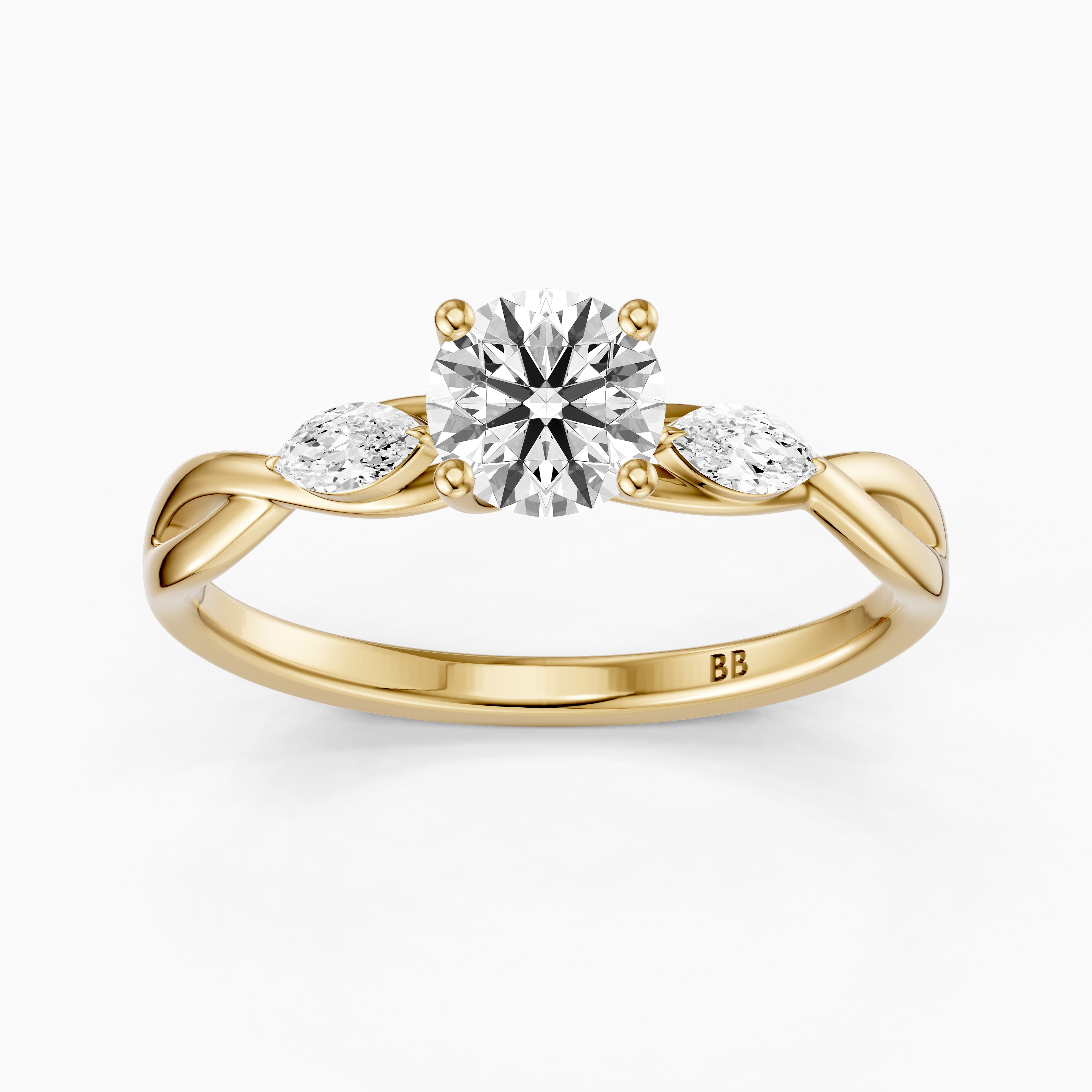 June Round Cut Side Stone Moissanite Diamond Ring with Twisted Vine Band