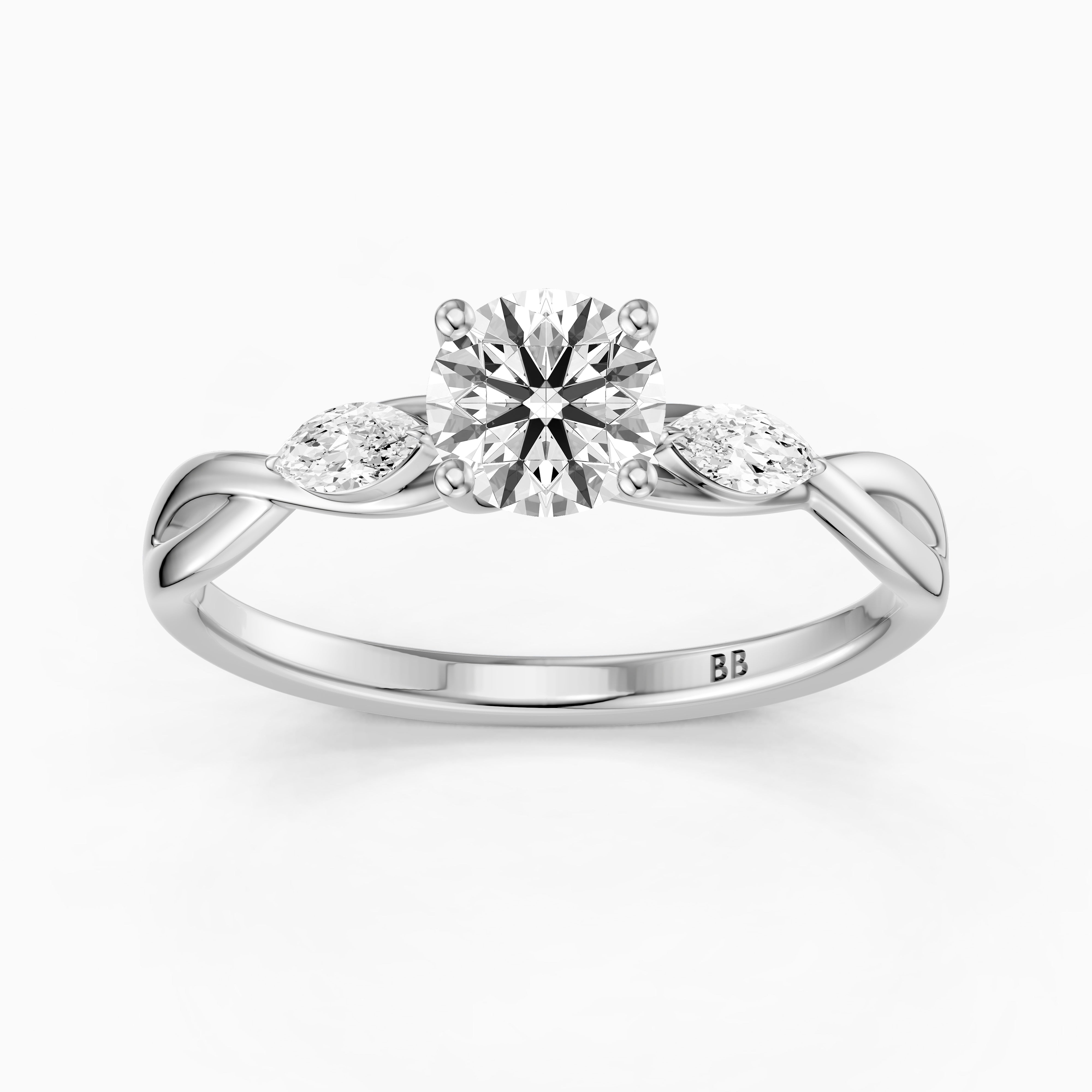 June Round Cut Side Stone Moissanite Diamond Ring with Twisted Vine Band