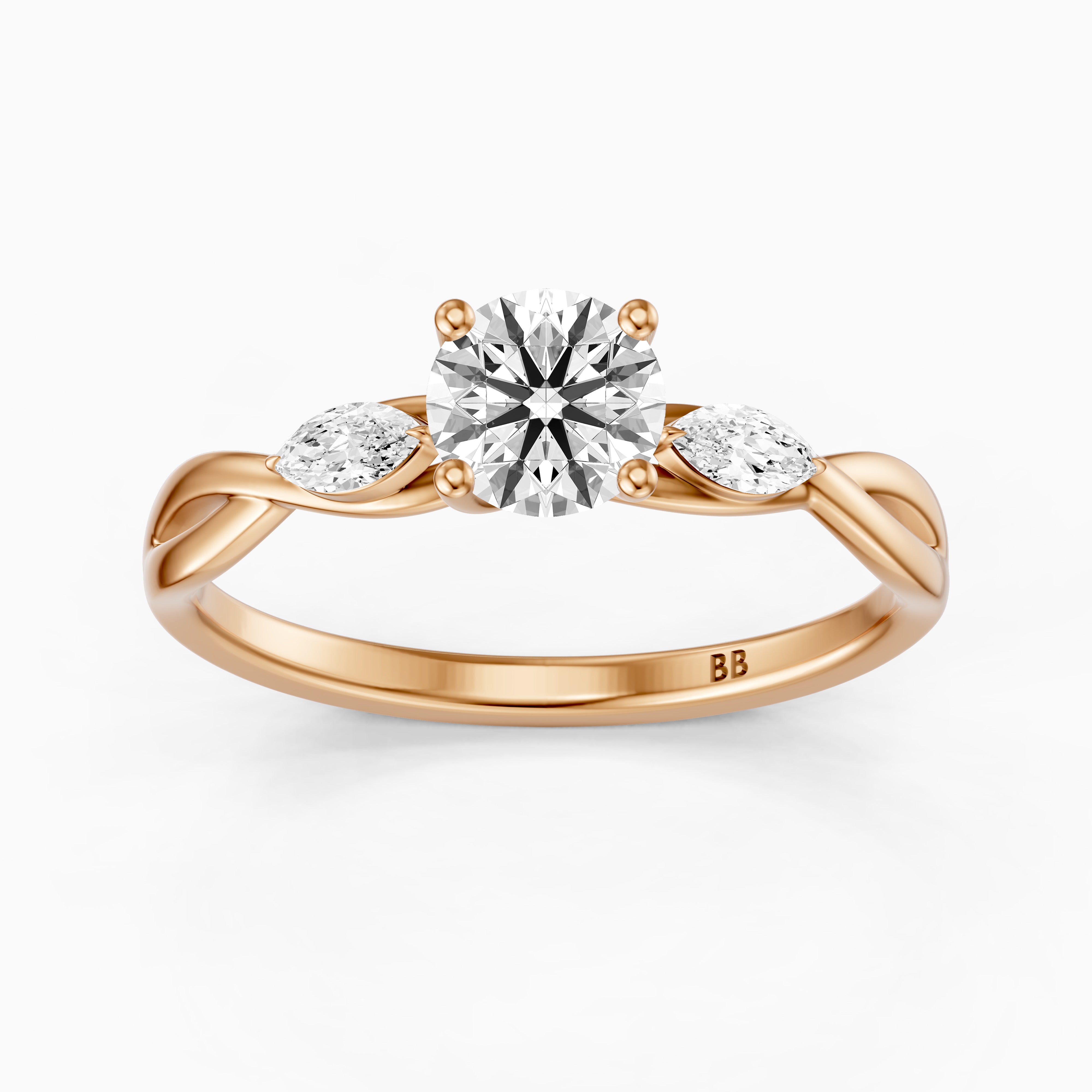June Round Cut Side Stone Moissanite Diamond Ring with Twisted Vine Band