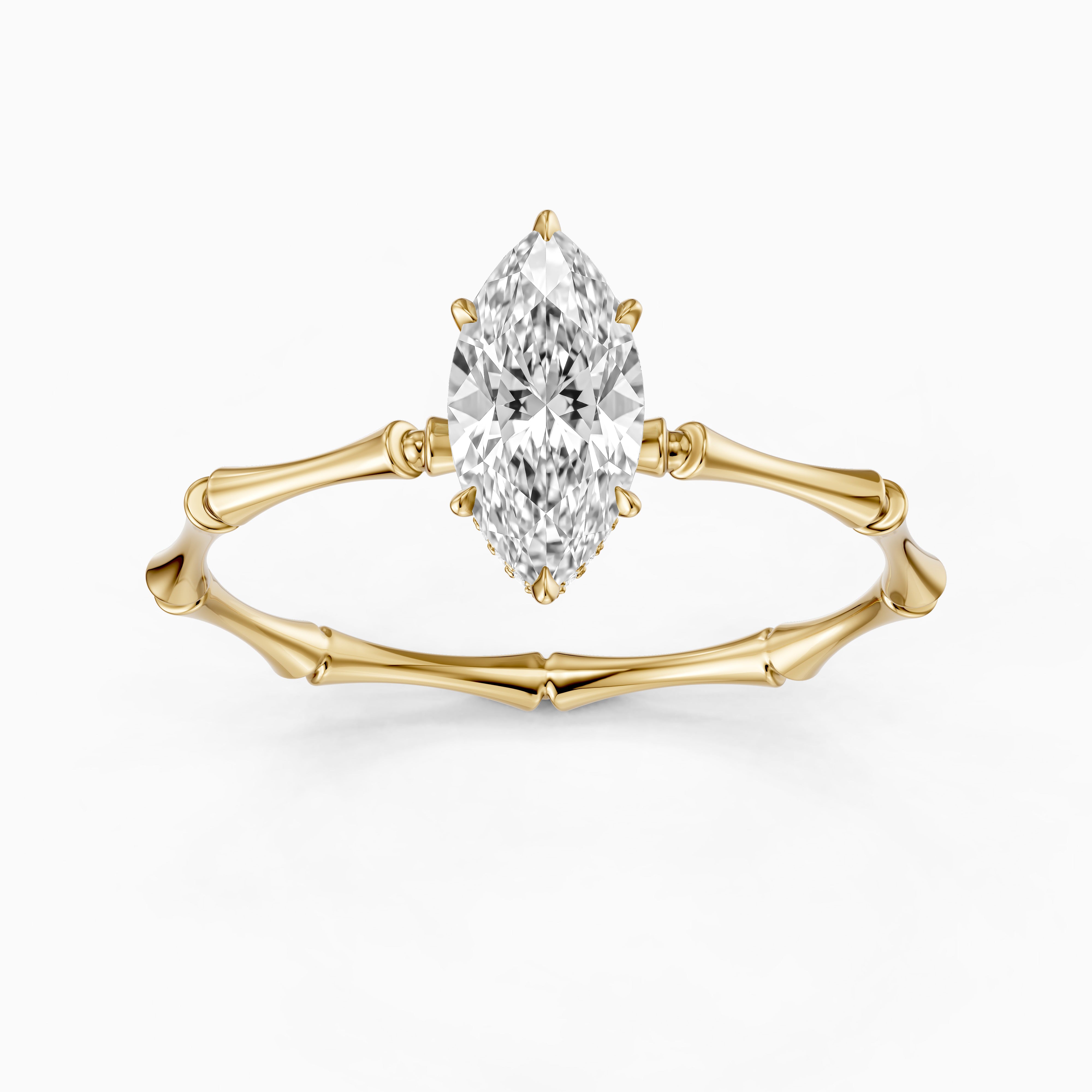 Sandra Marquise Hidden Halo Moissanite Diamond Ring with Bamboo Inspired Band