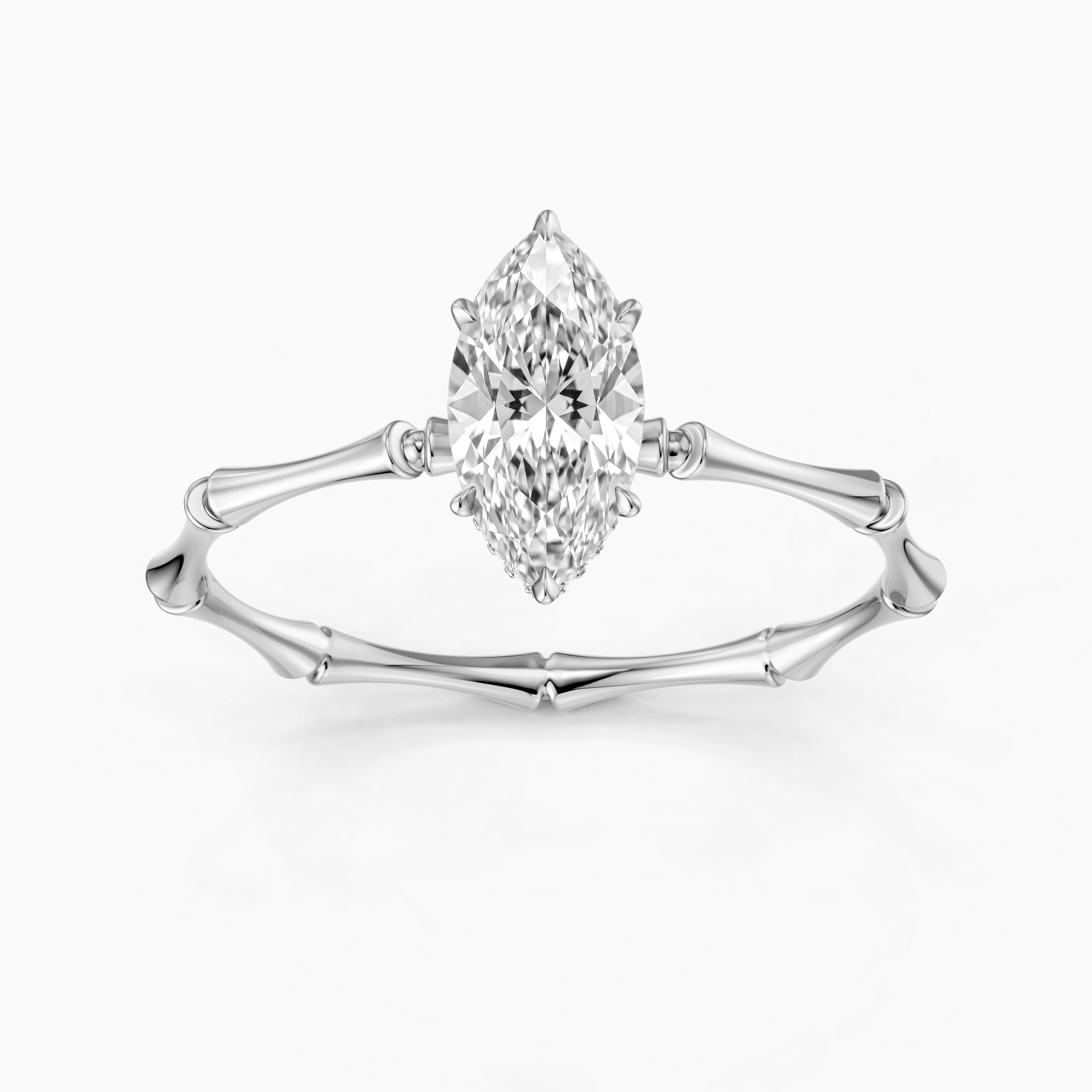 Sandra Marquise Hidden Halo Moissanite Diamond Ring with Bamboo Inspired Band