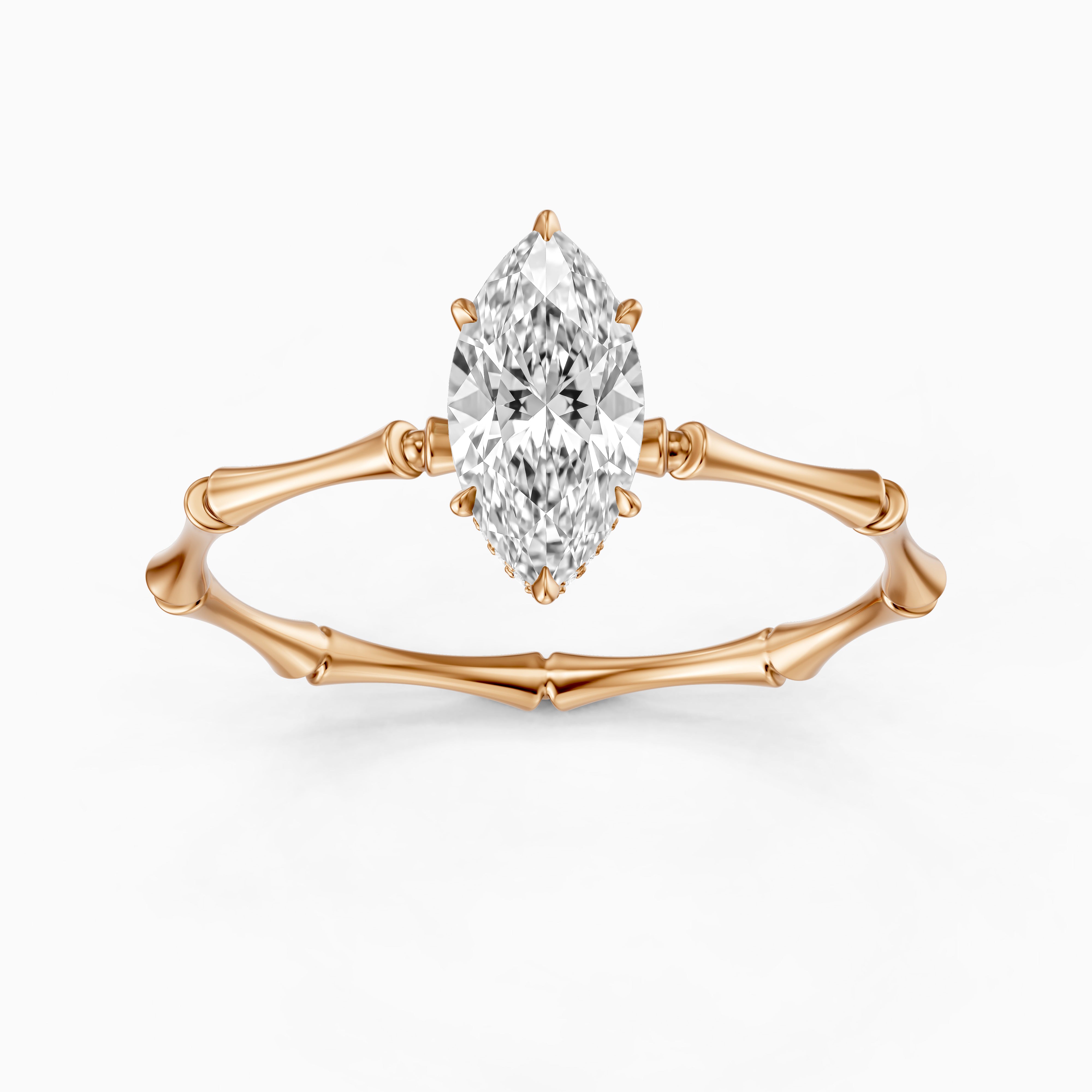 Sandra Marquise Hidden Halo Moissanite Diamond Ring with Bamboo Inspired Band