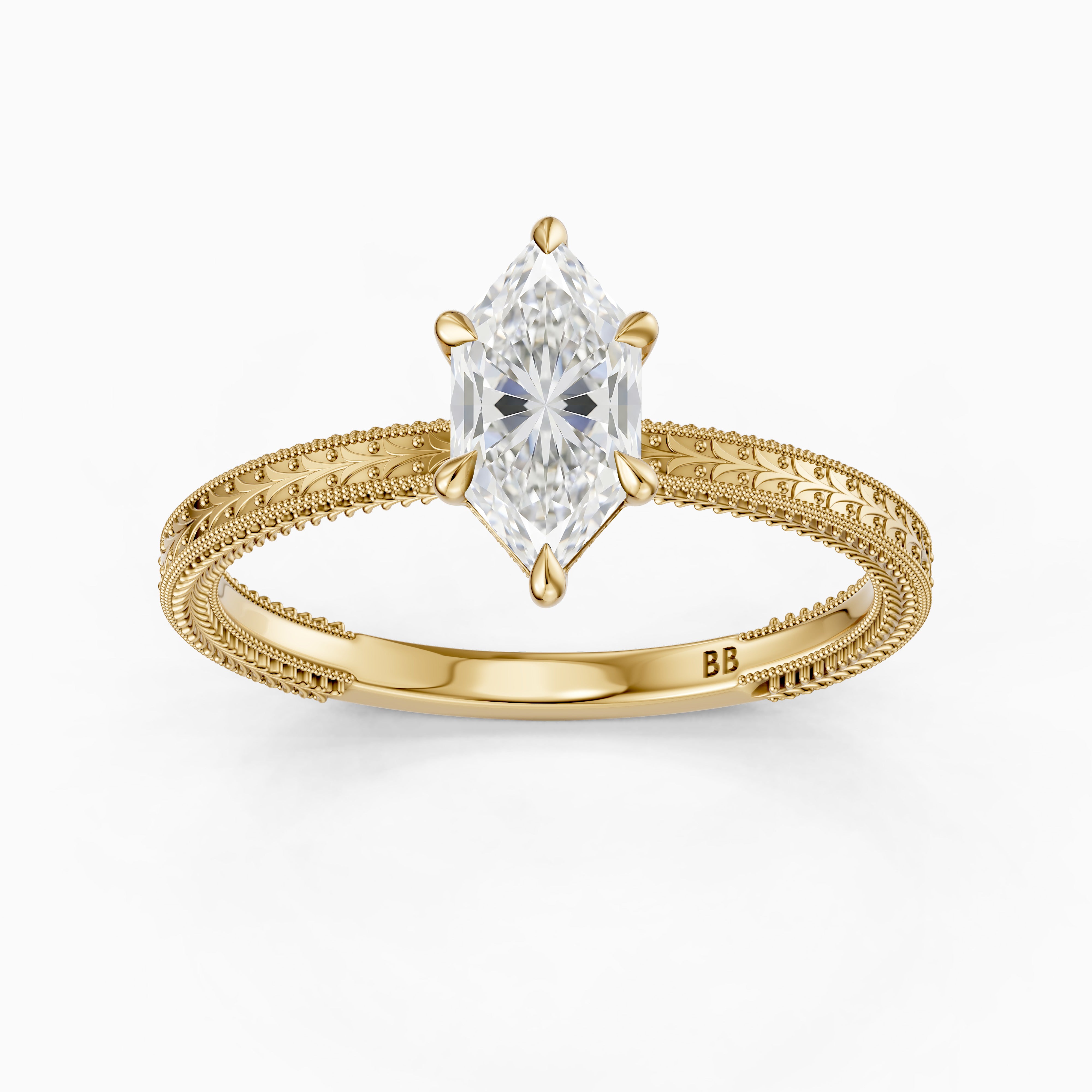Ains Dutch Marquise 6 Prong Lab Grown Diamond Ring with Milgrain Band