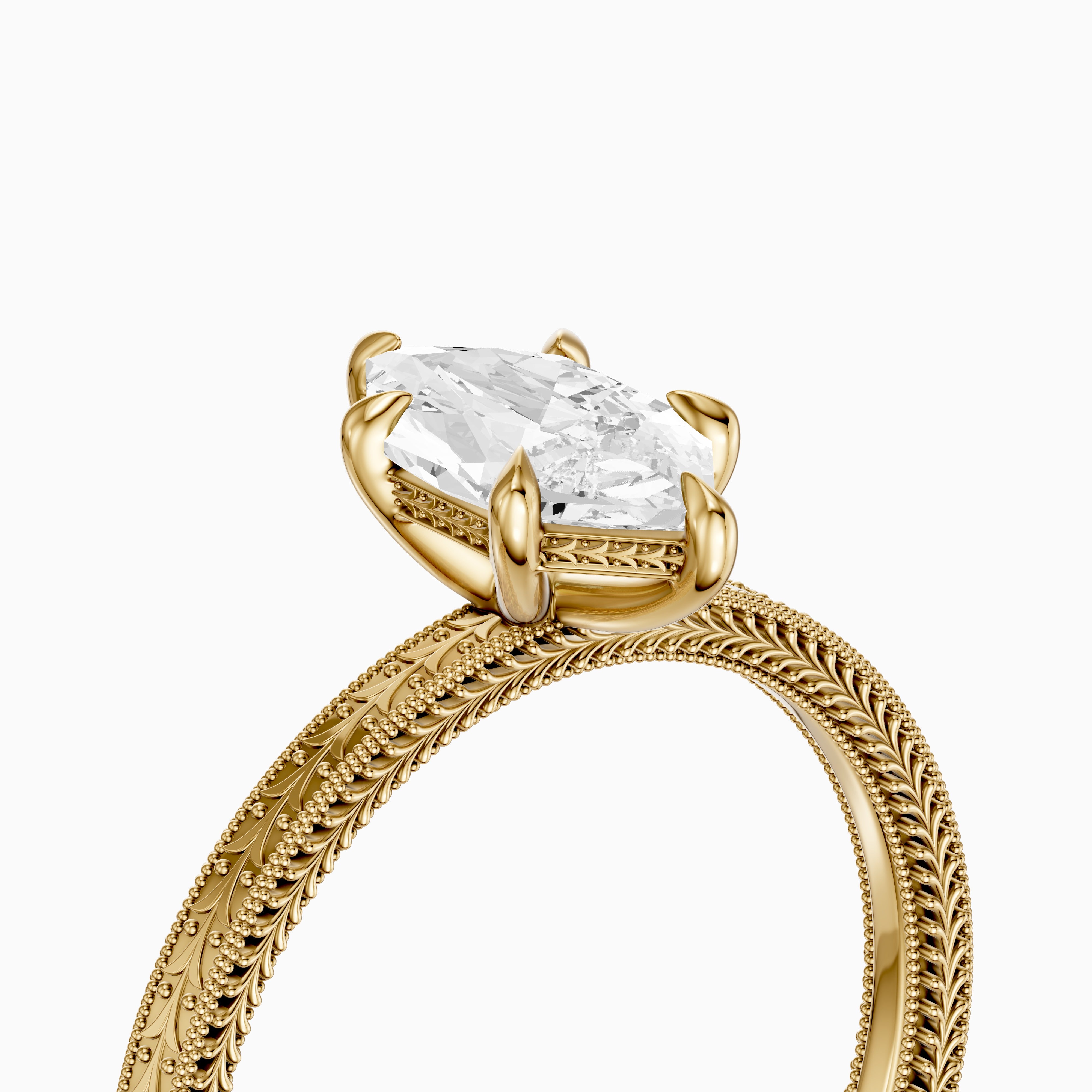 Ains Dutch Marquise 6 Prong Moissanite Diamond Ring with Milgrain Band