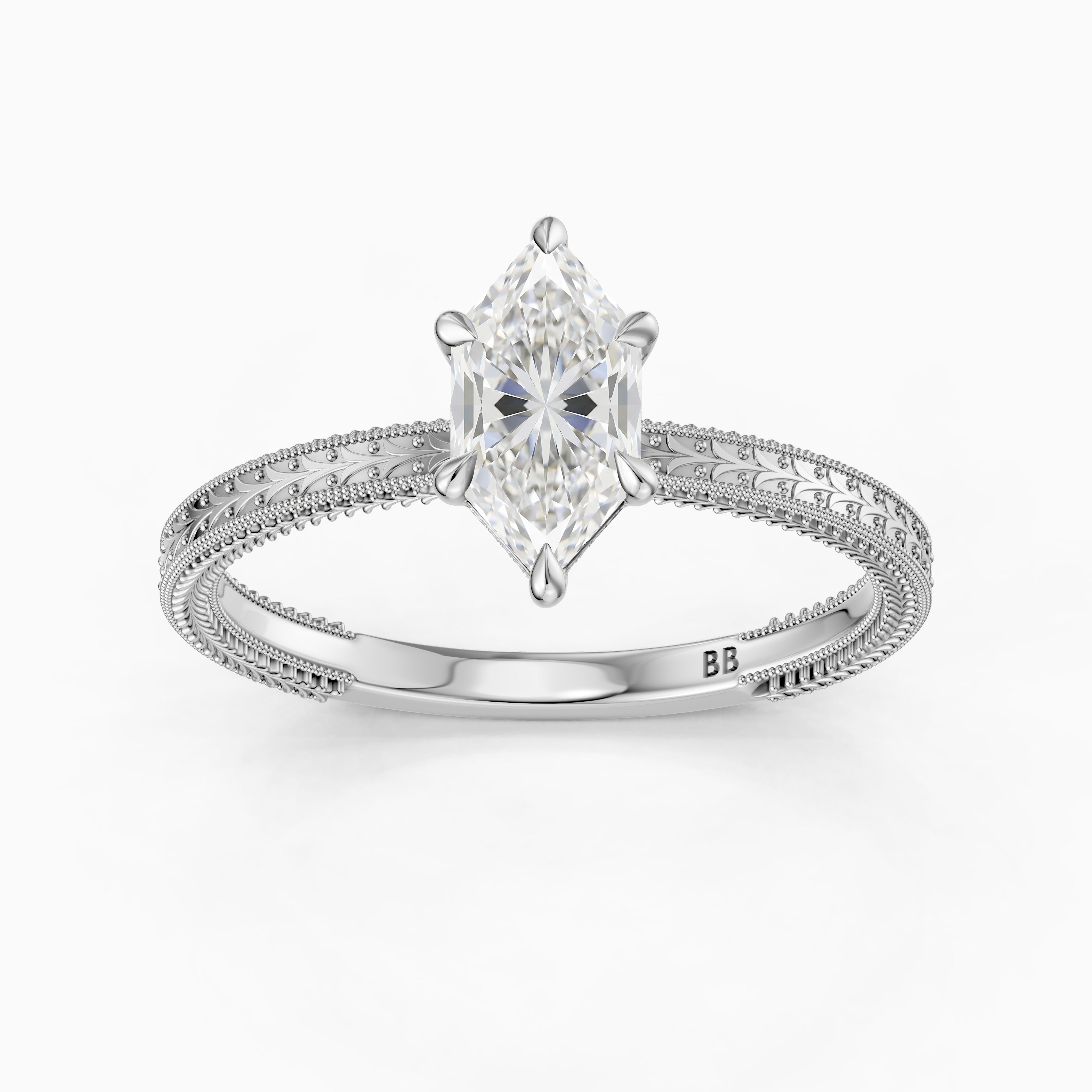 Ains Dutch Marquise 6 Prong Moissanite Diamond Ring with Milgrain Band