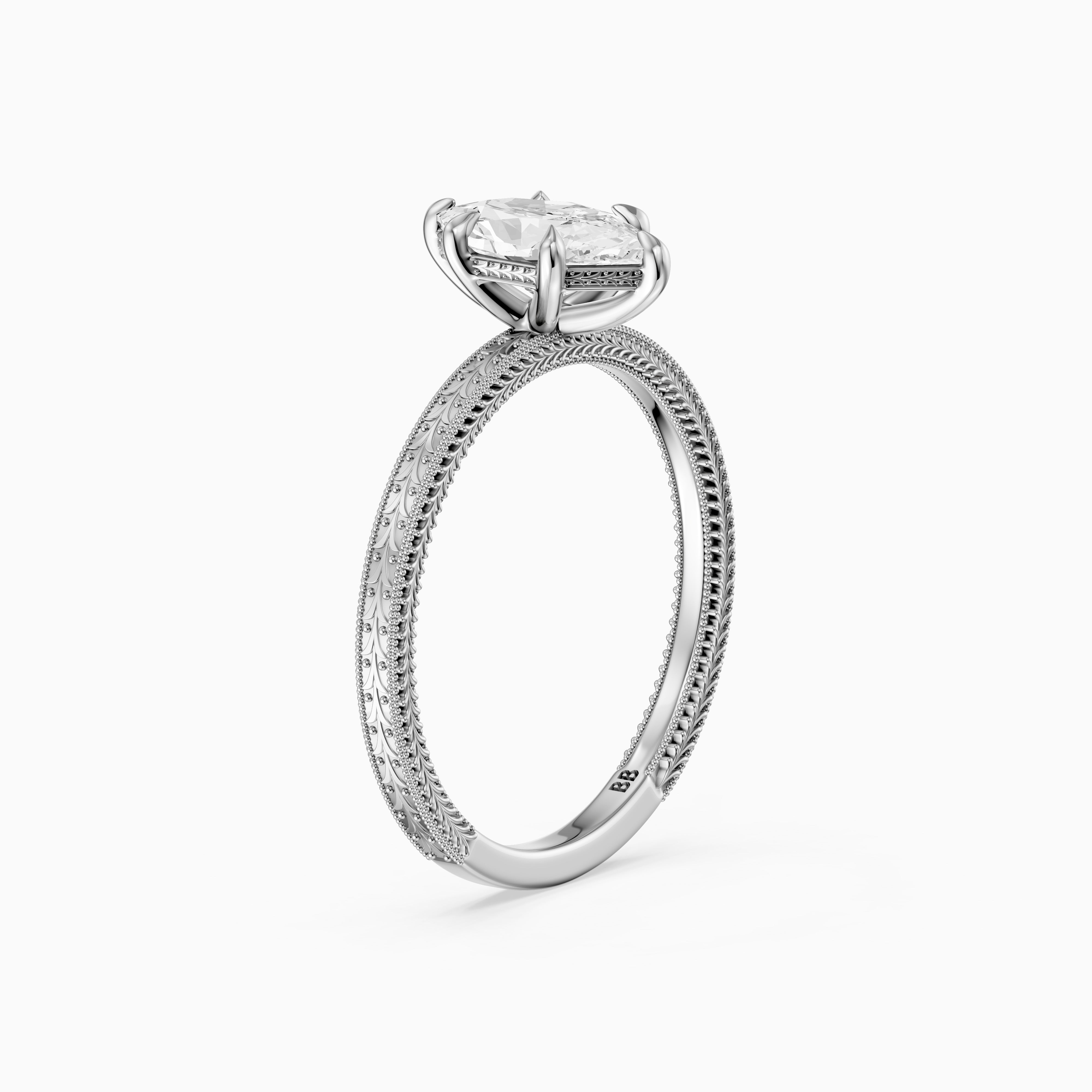 Ains Dutch Marquise 6 Prong Moissanite Diamond Ring with Milgrain Band