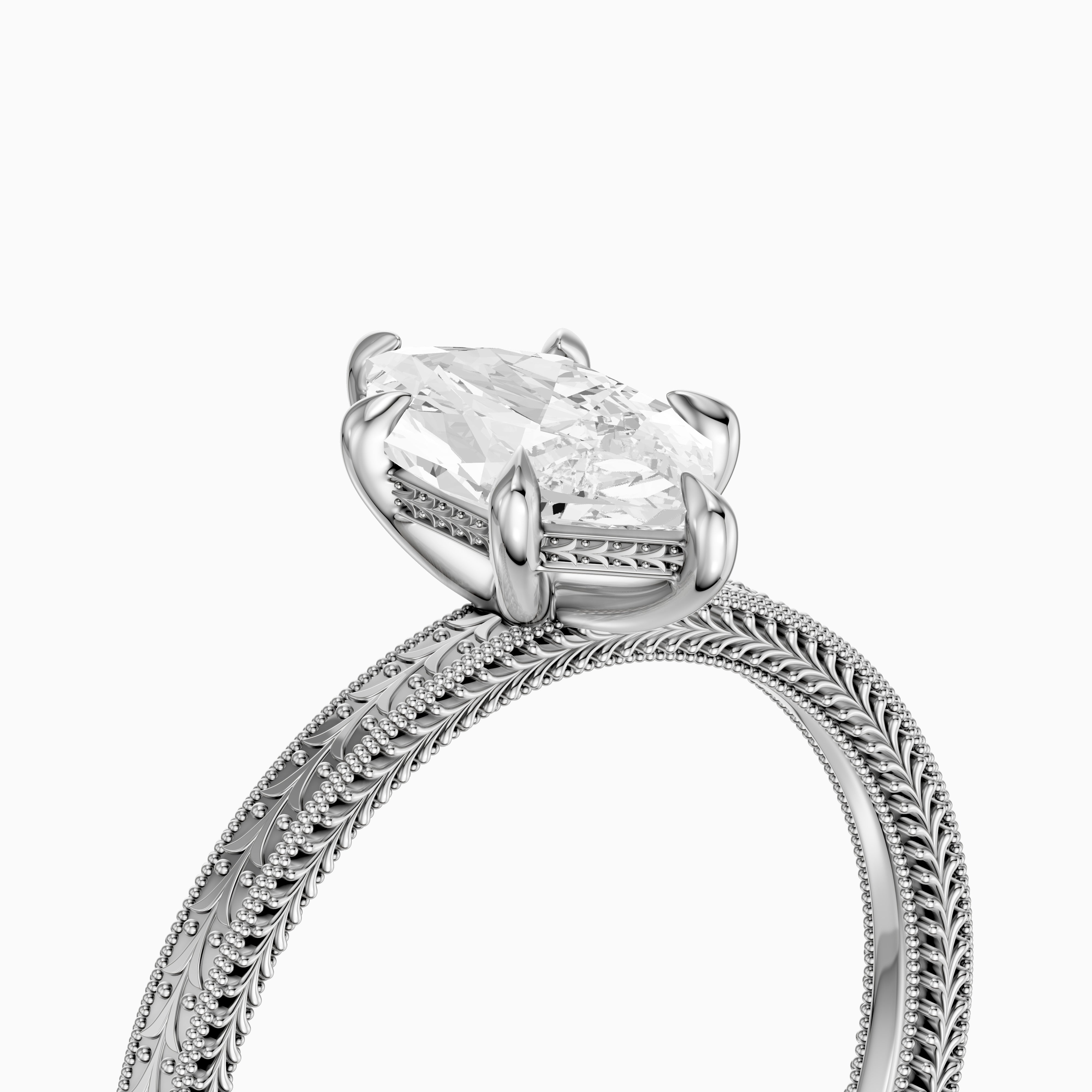 Ains Dutch Marquise 6 Prong Moissanite Diamond Ring with Milgrain Band