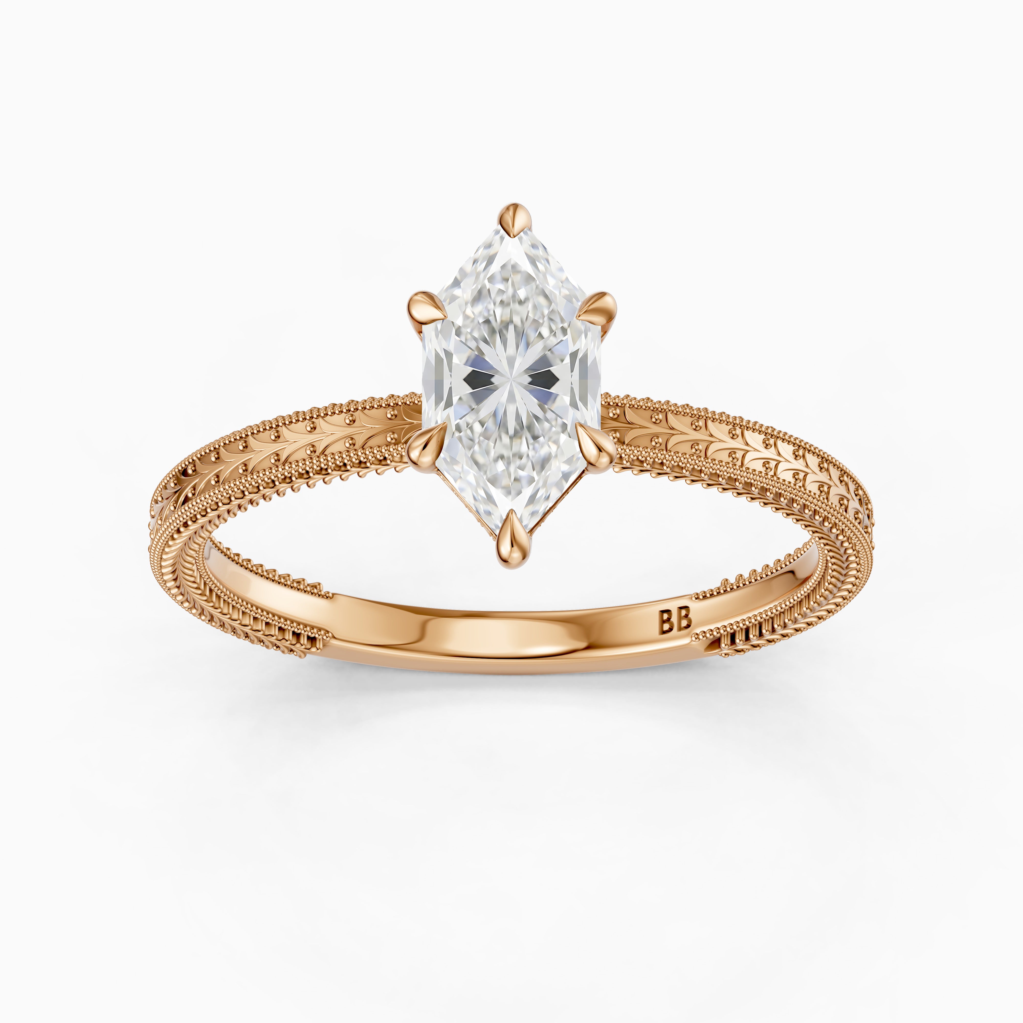 Ains Dutch Marquise 6 Prong Moissanite Diamond Ring with Milgrain Band