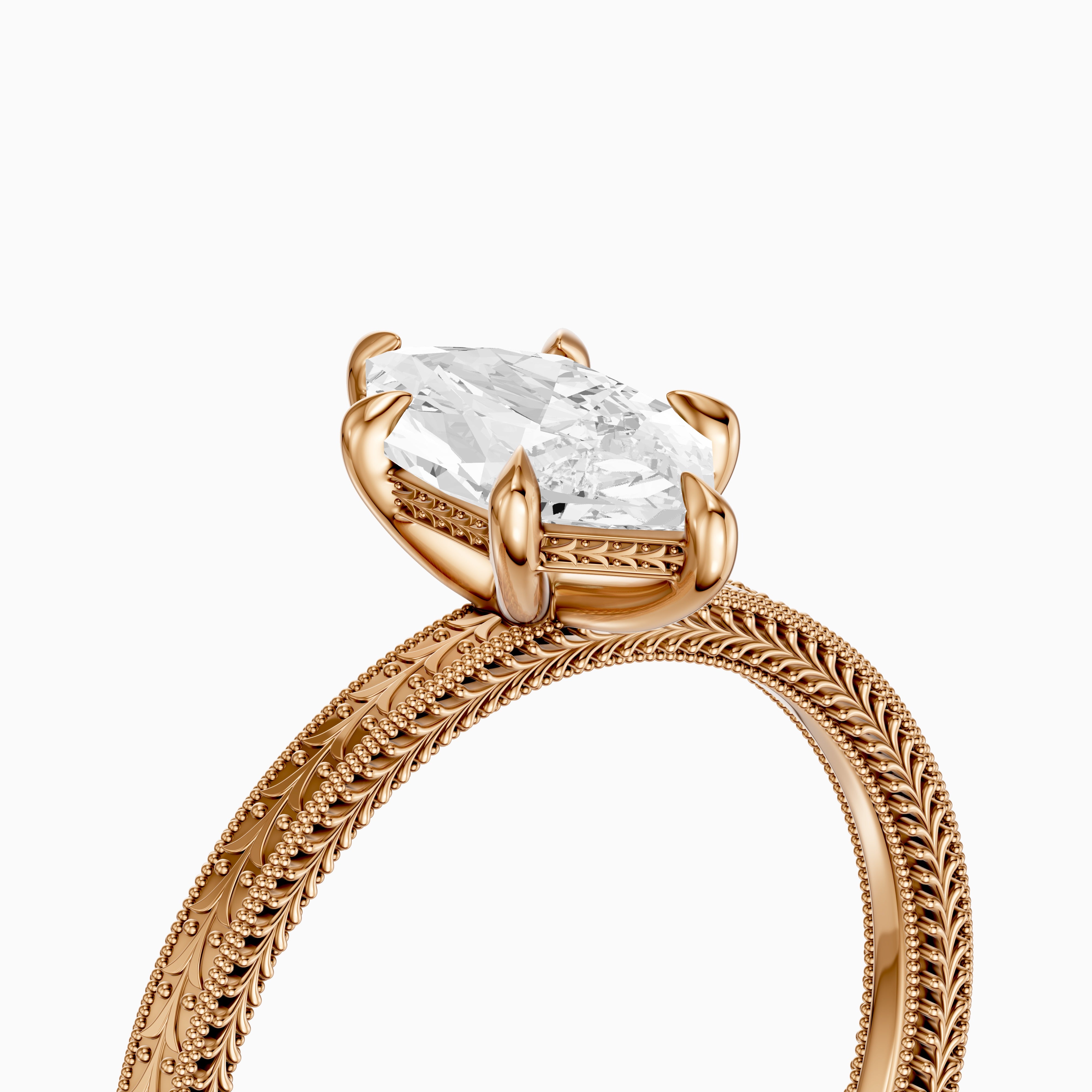 Ains Dutch Marquise 6 Prong Moissanite Diamond Ring with Milgrain Band