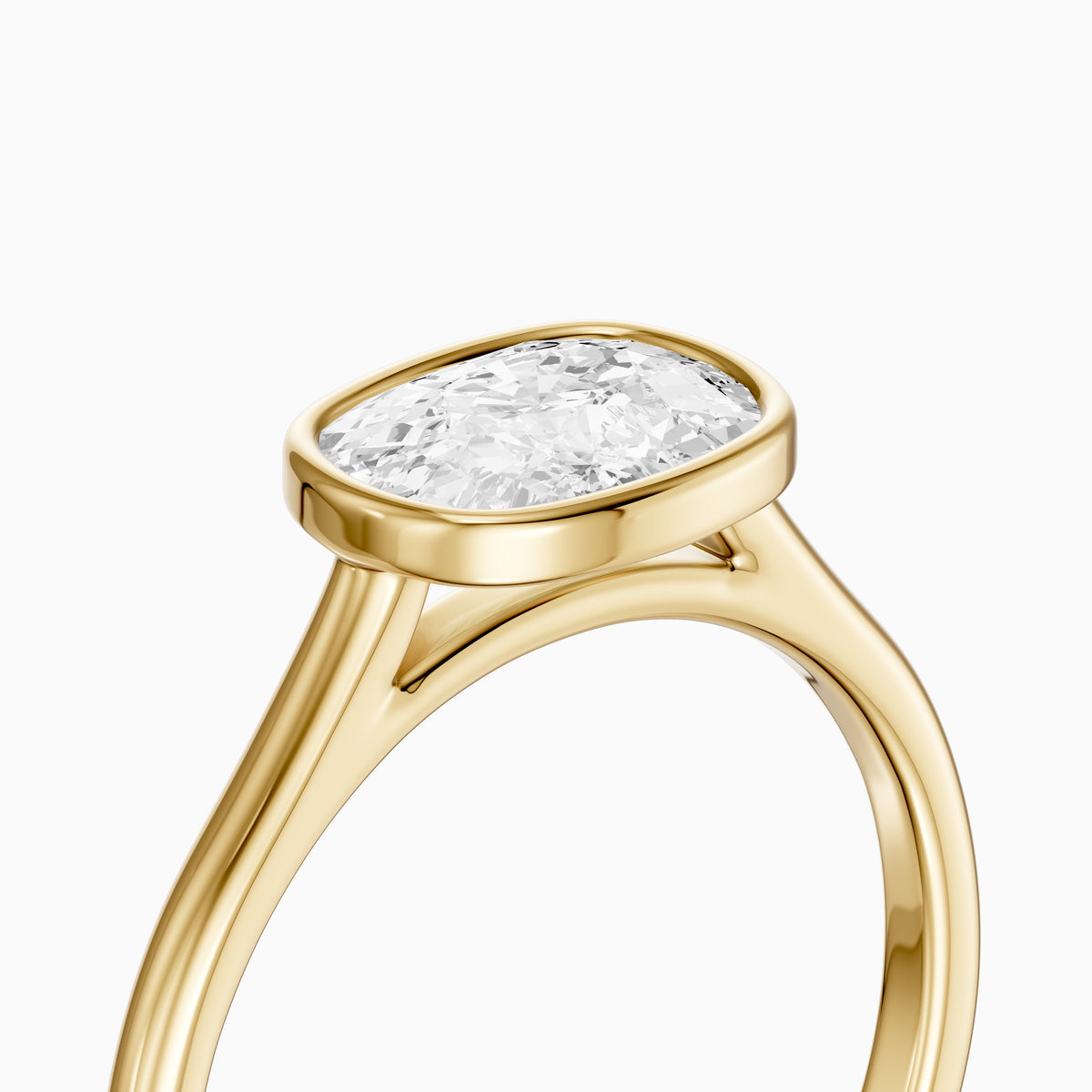 Yuna East West Elongated Cushion Moissanite Diamond Bezel Set Solitaire Ring
