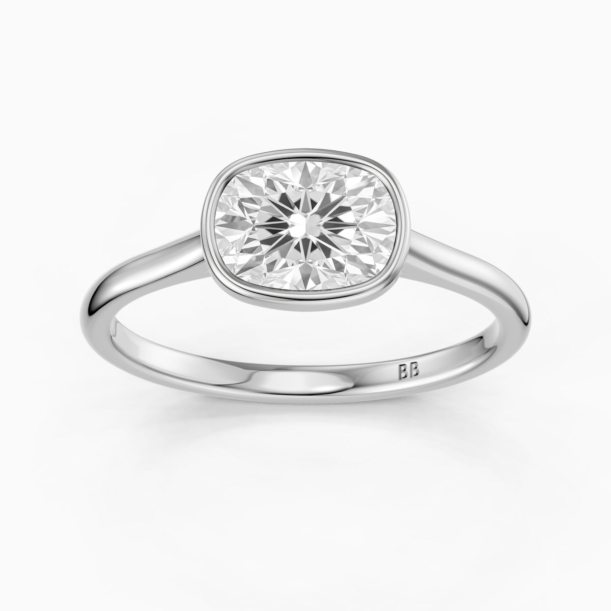 Yuna East West Elongated Cushion Moissanite Diamond Bezel Set Solitaire Ring