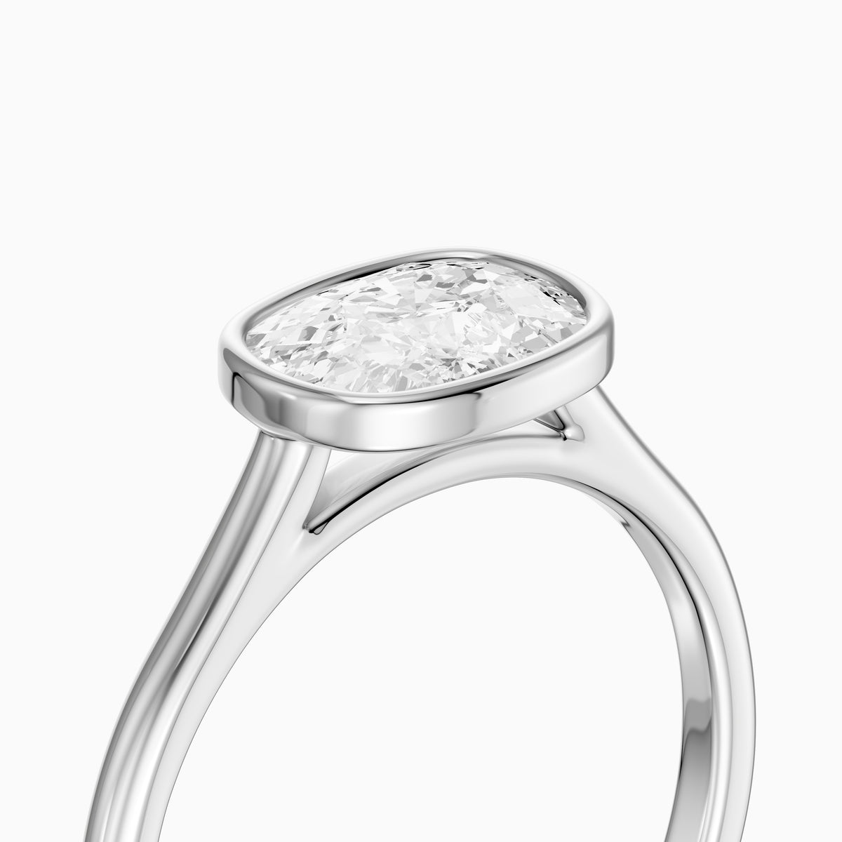 Yuna East West Elongated Cushion Moissanite Diamond Bezel Set Solitaire Ring