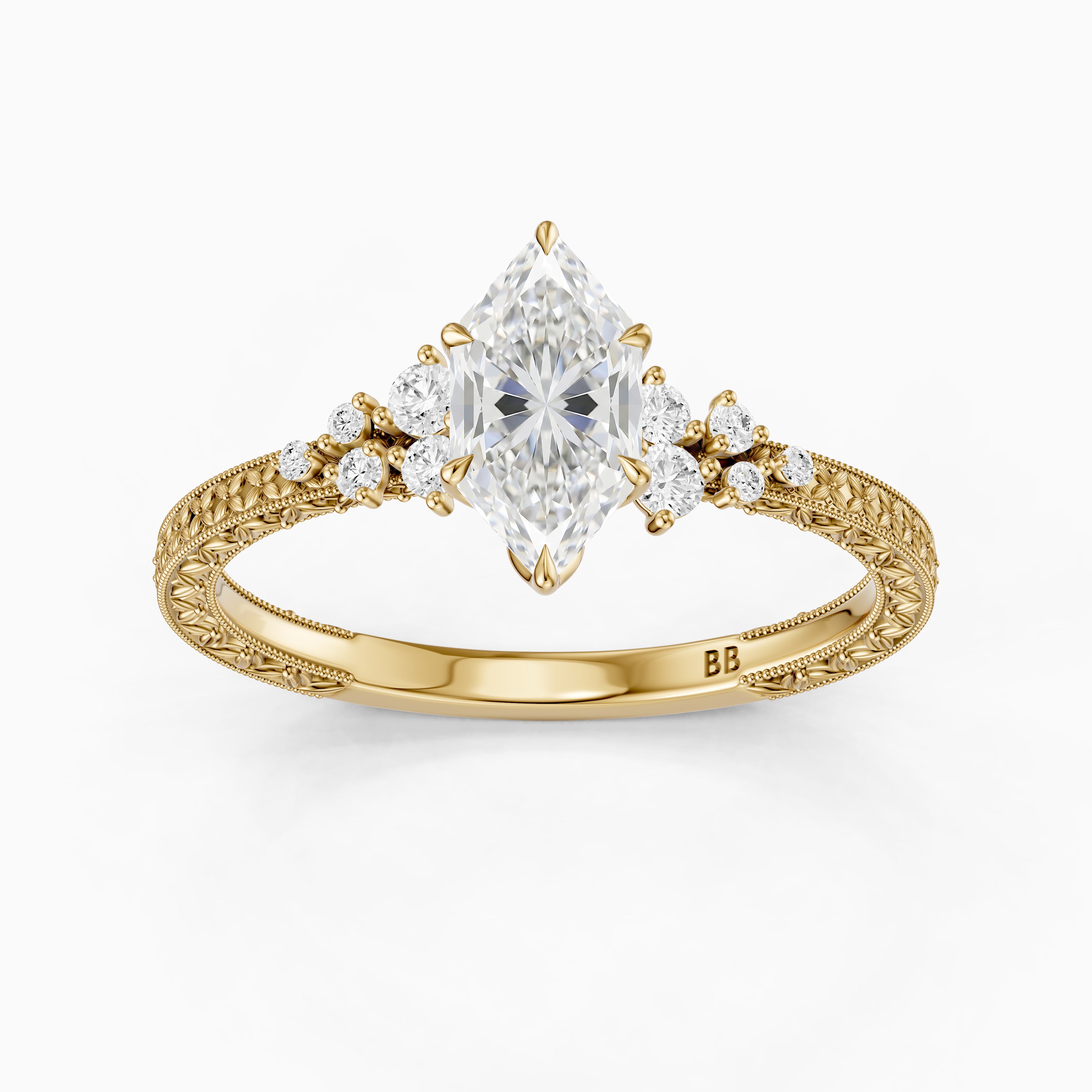 Briar Dutch Marquise Moissanite Diamond Vintage Ring with Milgrain Band