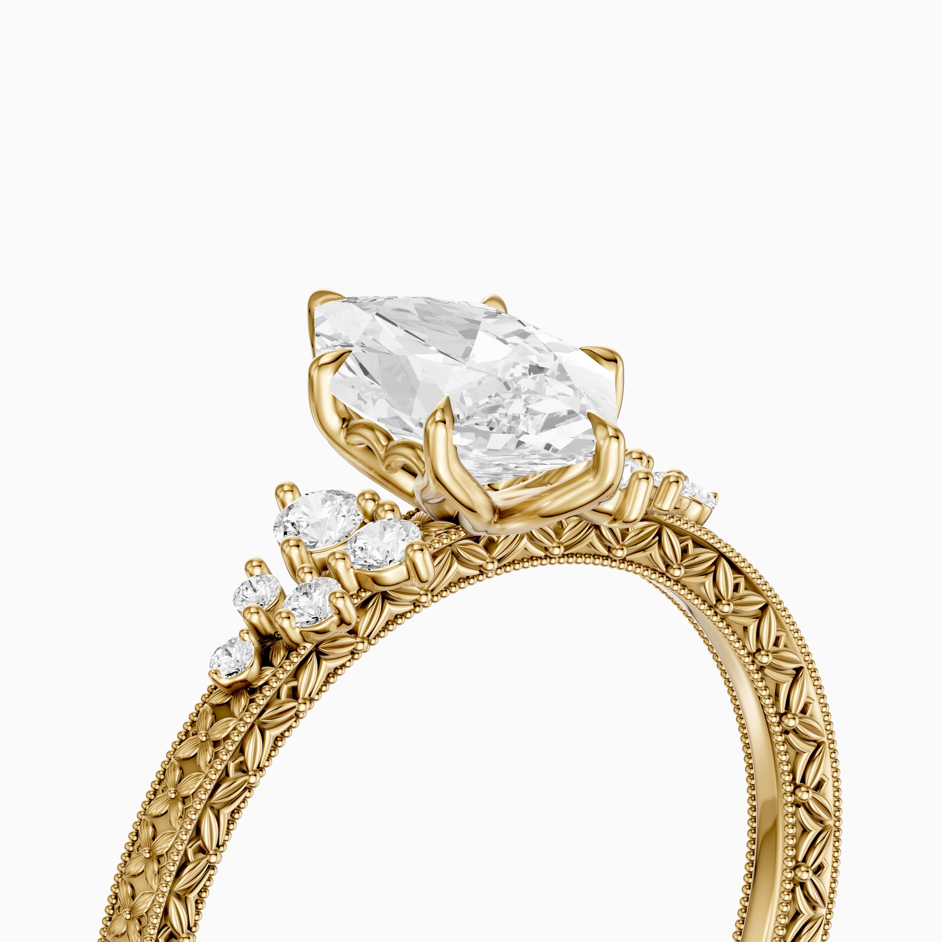 Briar Dutch Marquise Moissanite Diamond Vintage Ring with Milgrain Band