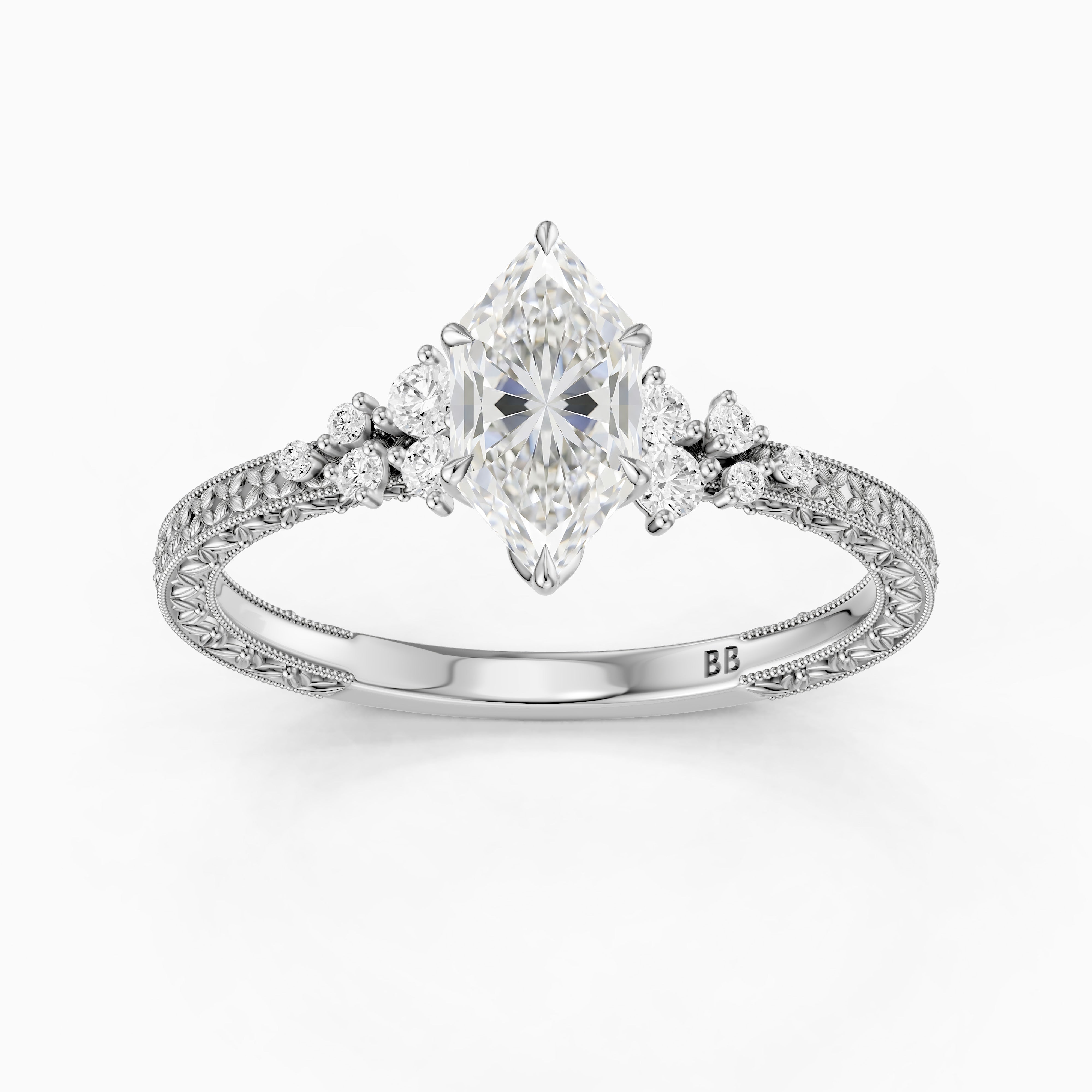 Briar Dutch Marquise Moissanite Diamond Vintage Ring with Milgrain Band
