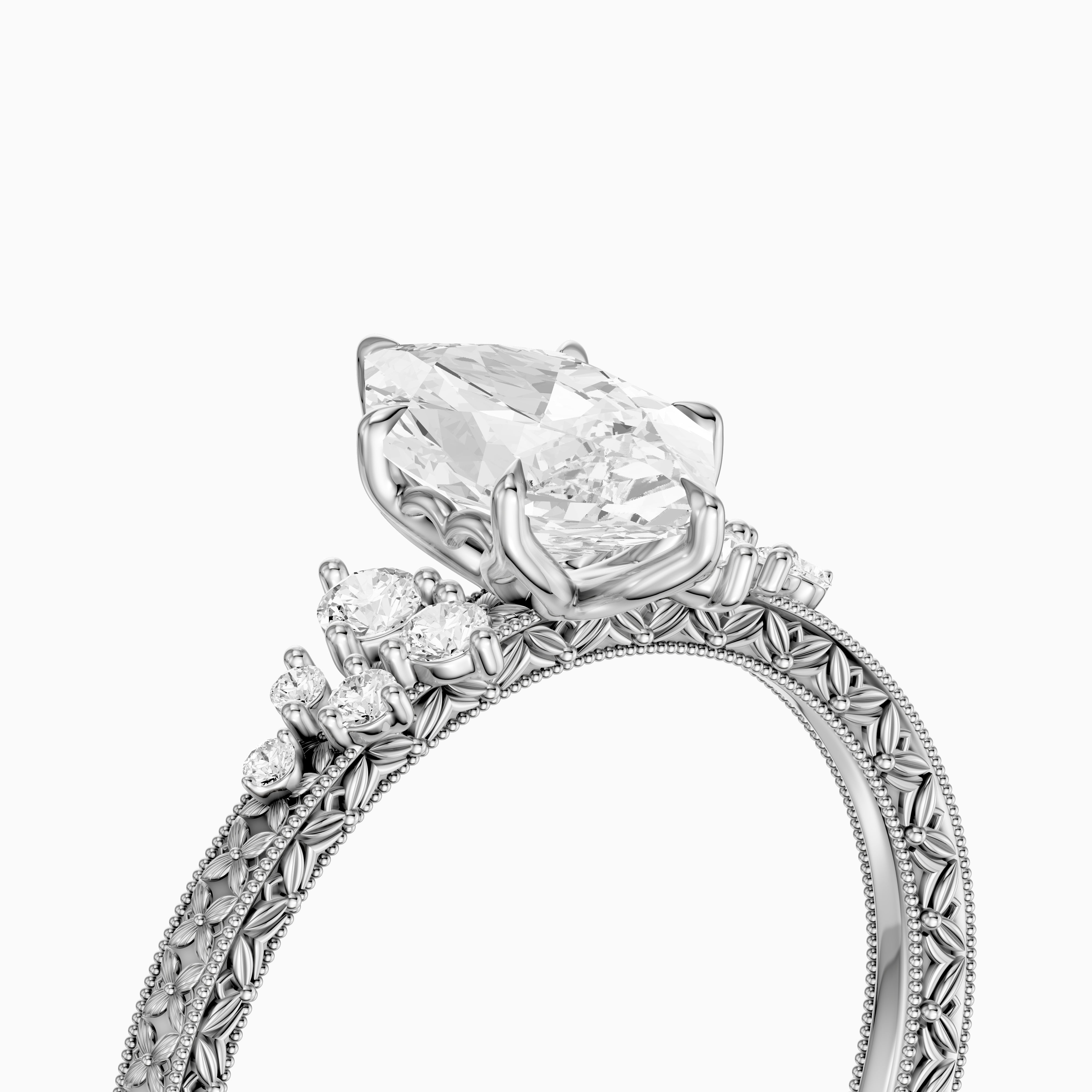 Briar Dutch Marquise Moissanite Diamond Vintage Ring with Milgrain Band